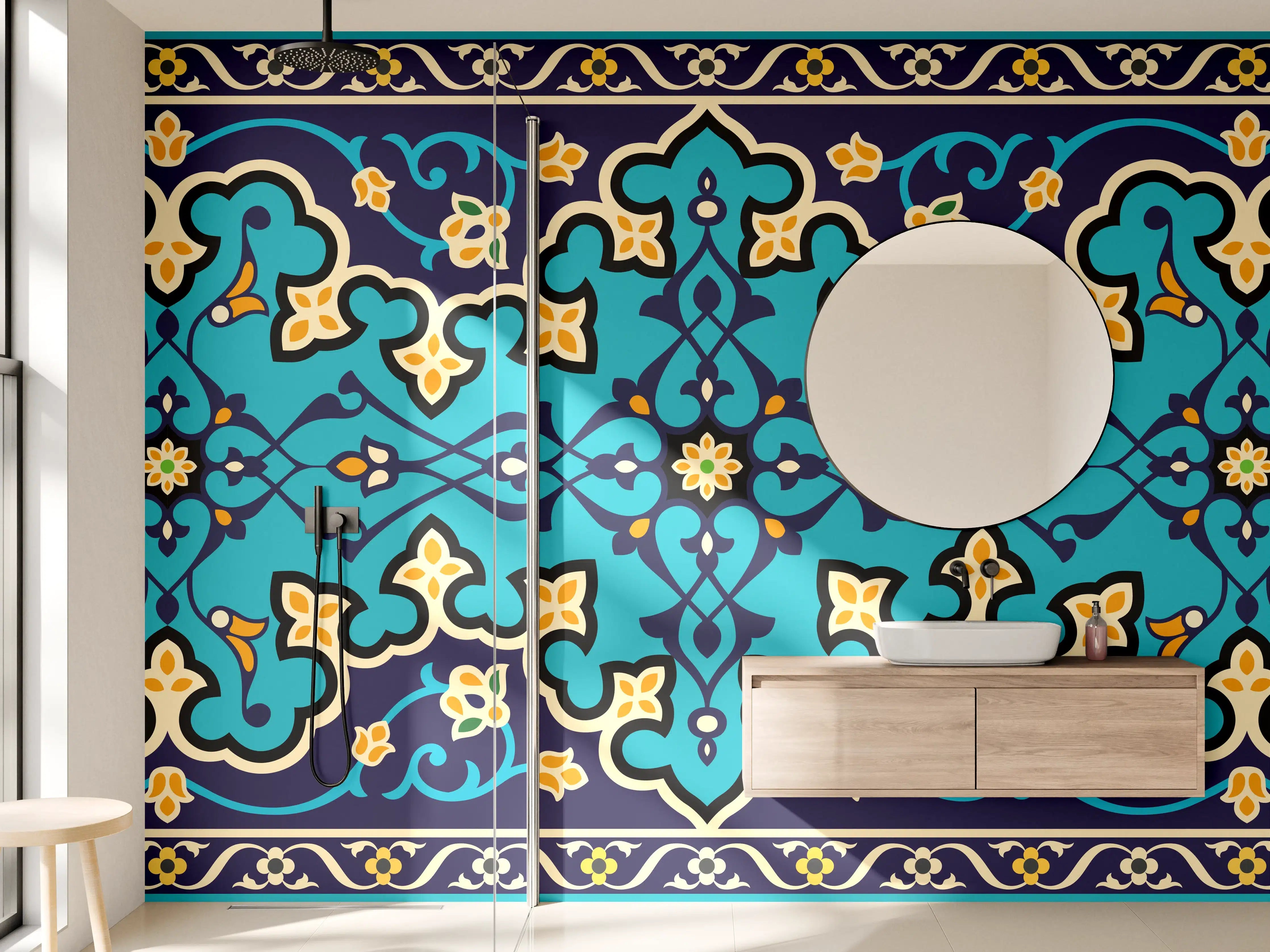 Wandverkleidung Bad - Orientalisches Blau-Gold Muster