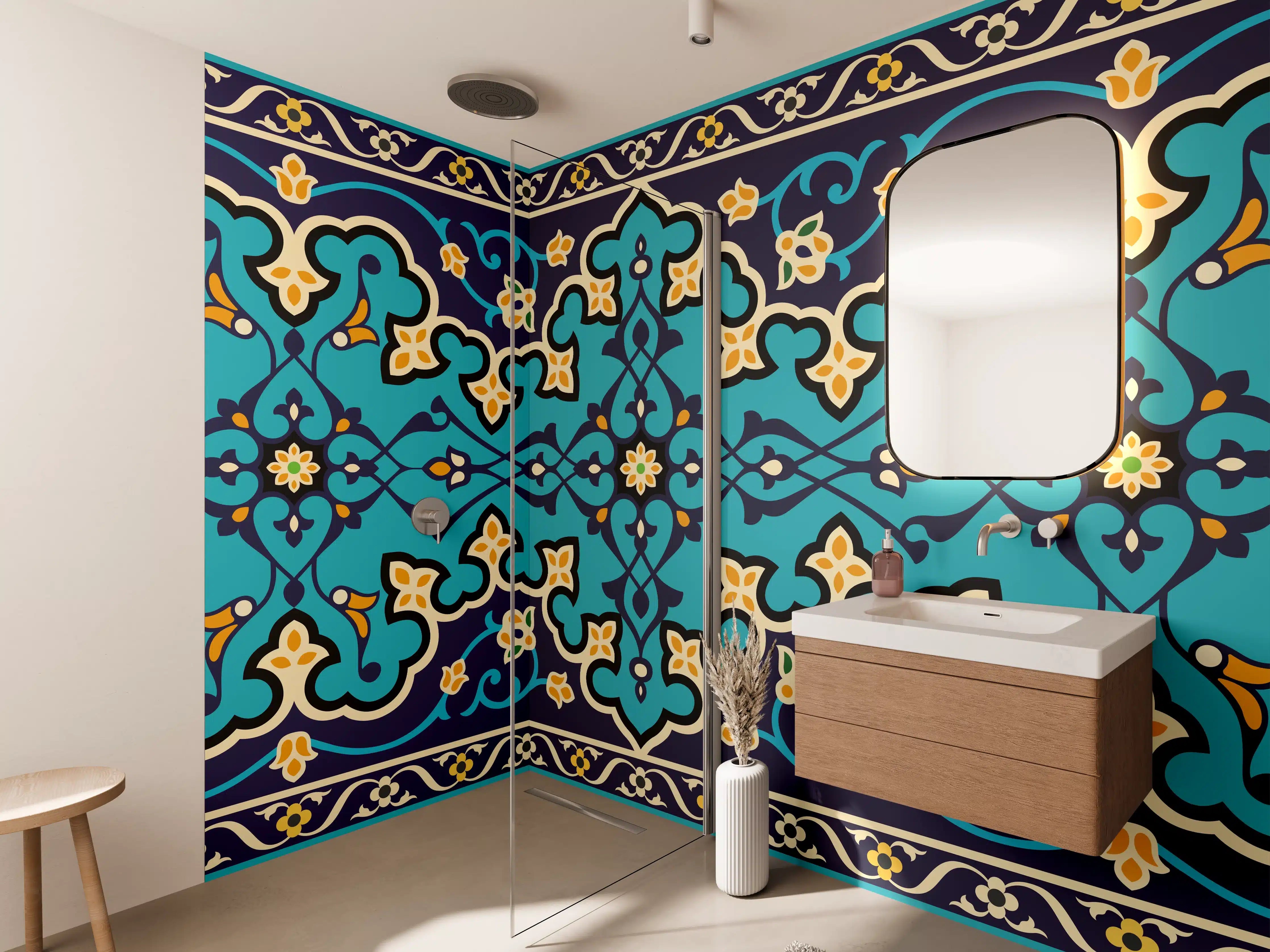 Wandverkleidung Bad - Orientalisches Blau-Gold Muster