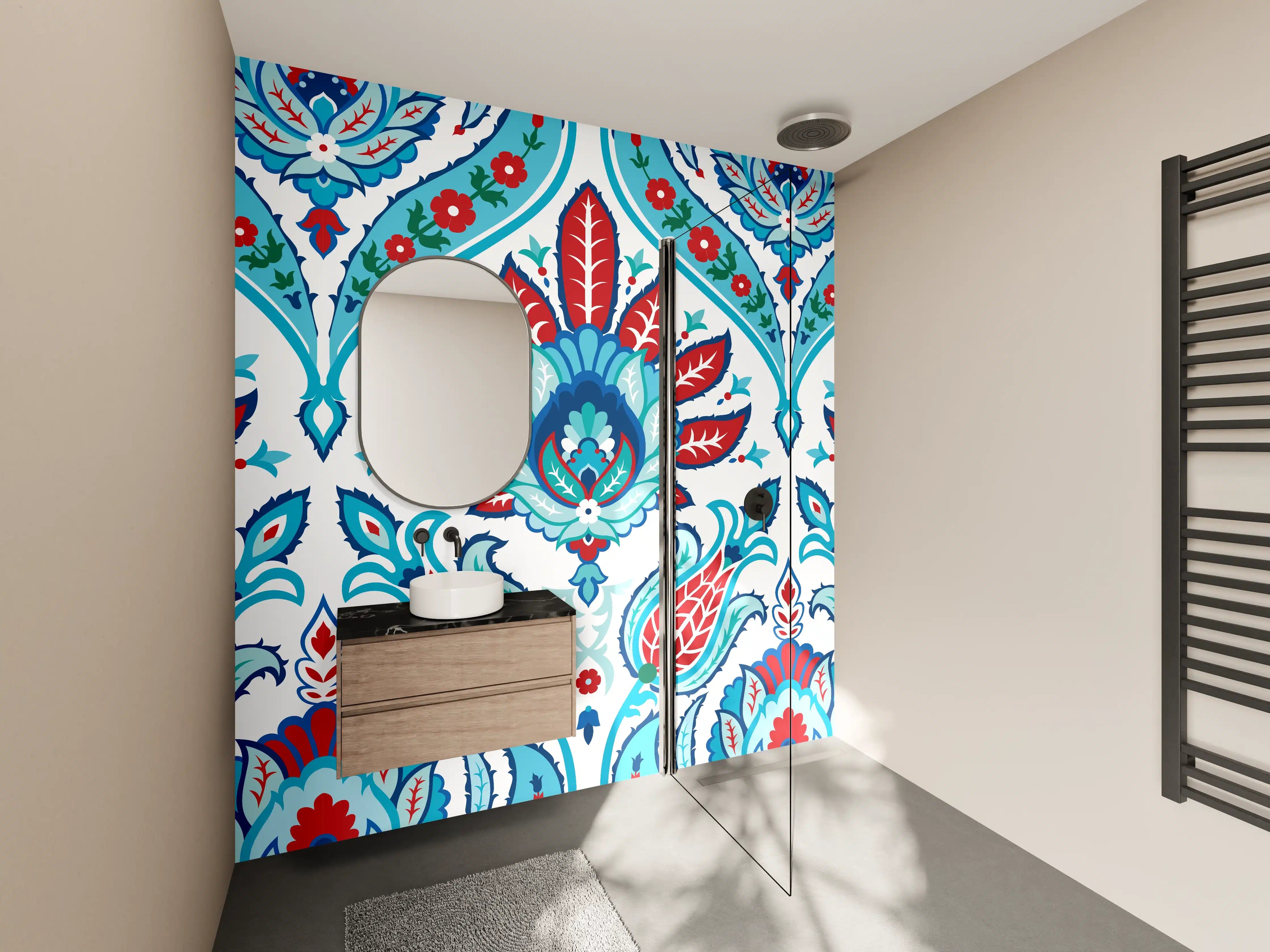 Wandverkleidung Bad - Orientalisches Türkis-Rot Druckmuster