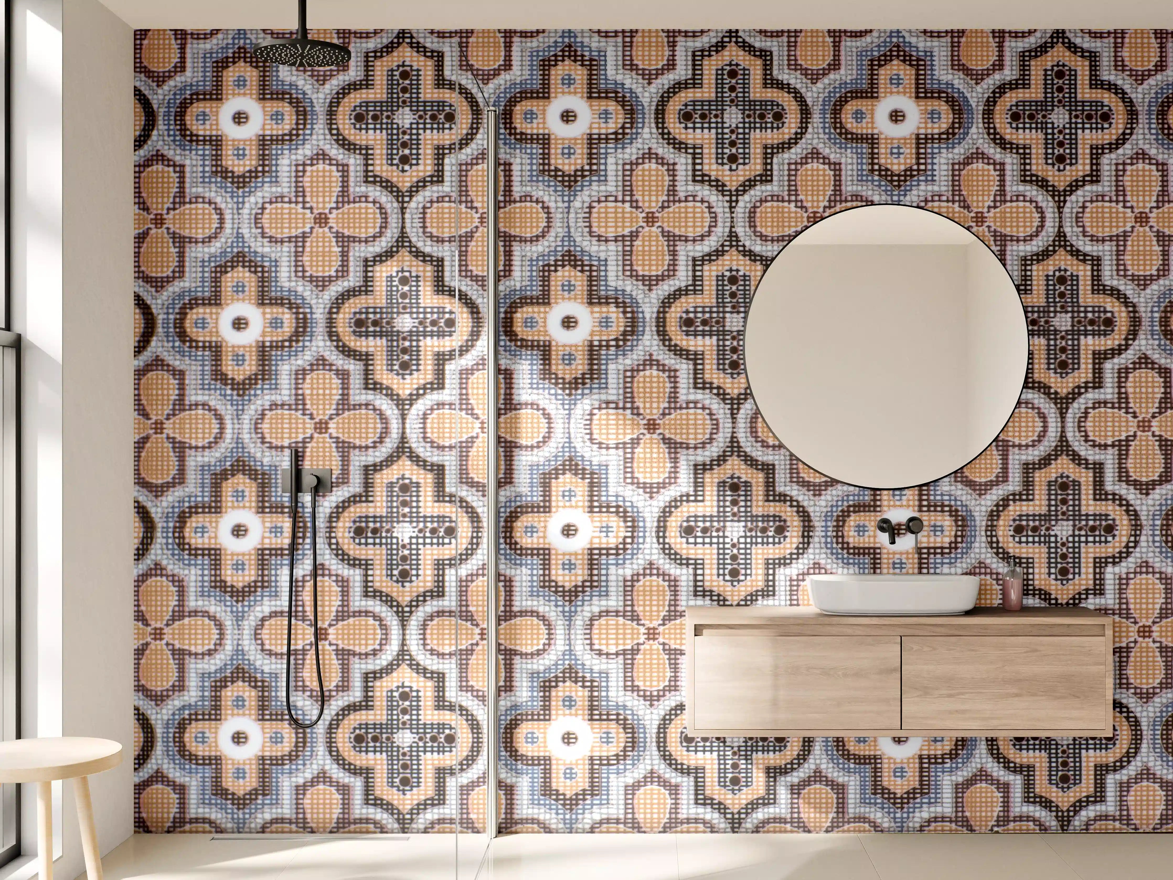 Wandverkleidung Bad - Ornamentale Beige-Muster-Fliesen