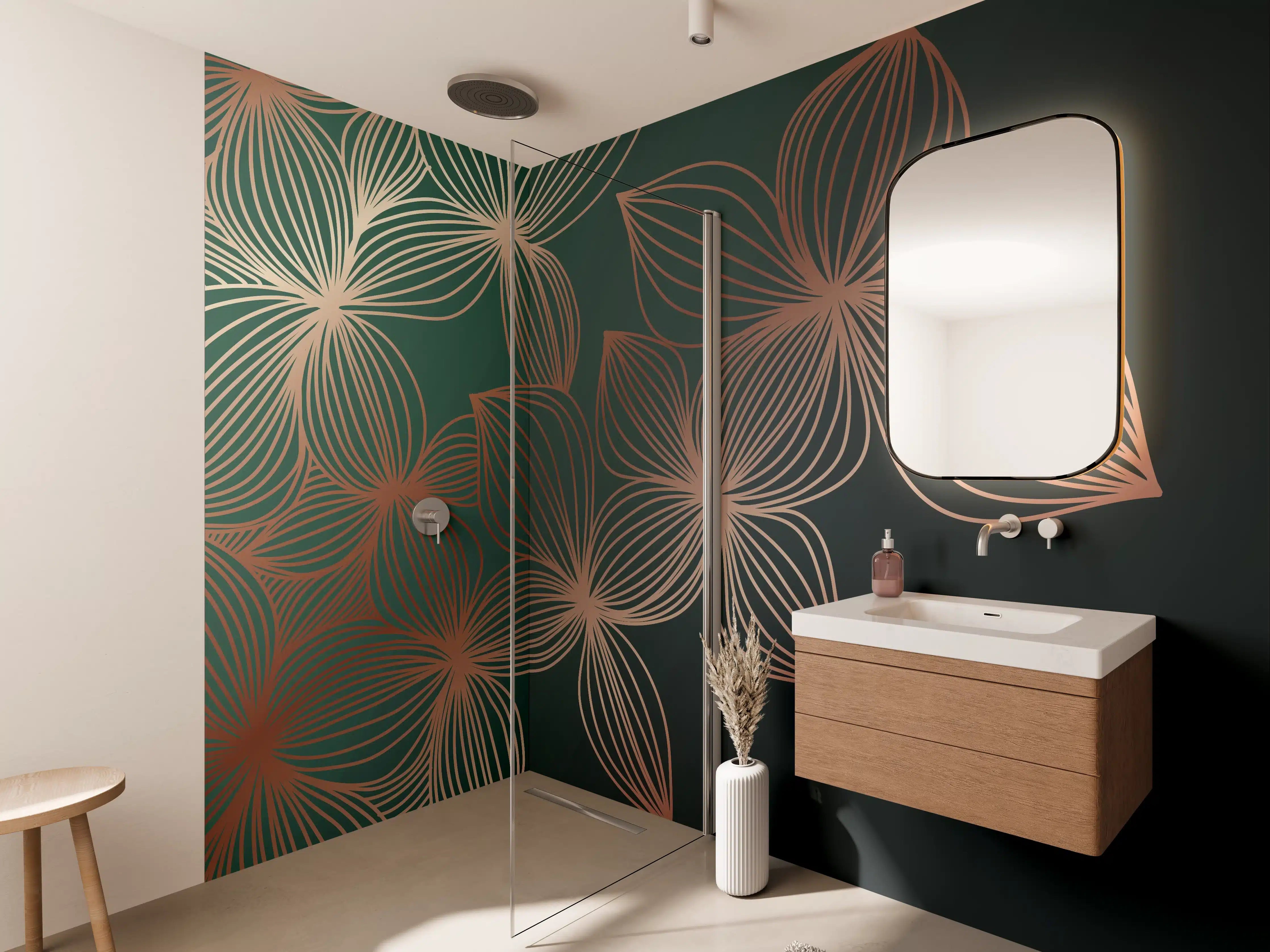 Wandverkleidung Bad - Ornamente Lineart Pflanzen Dunkel
