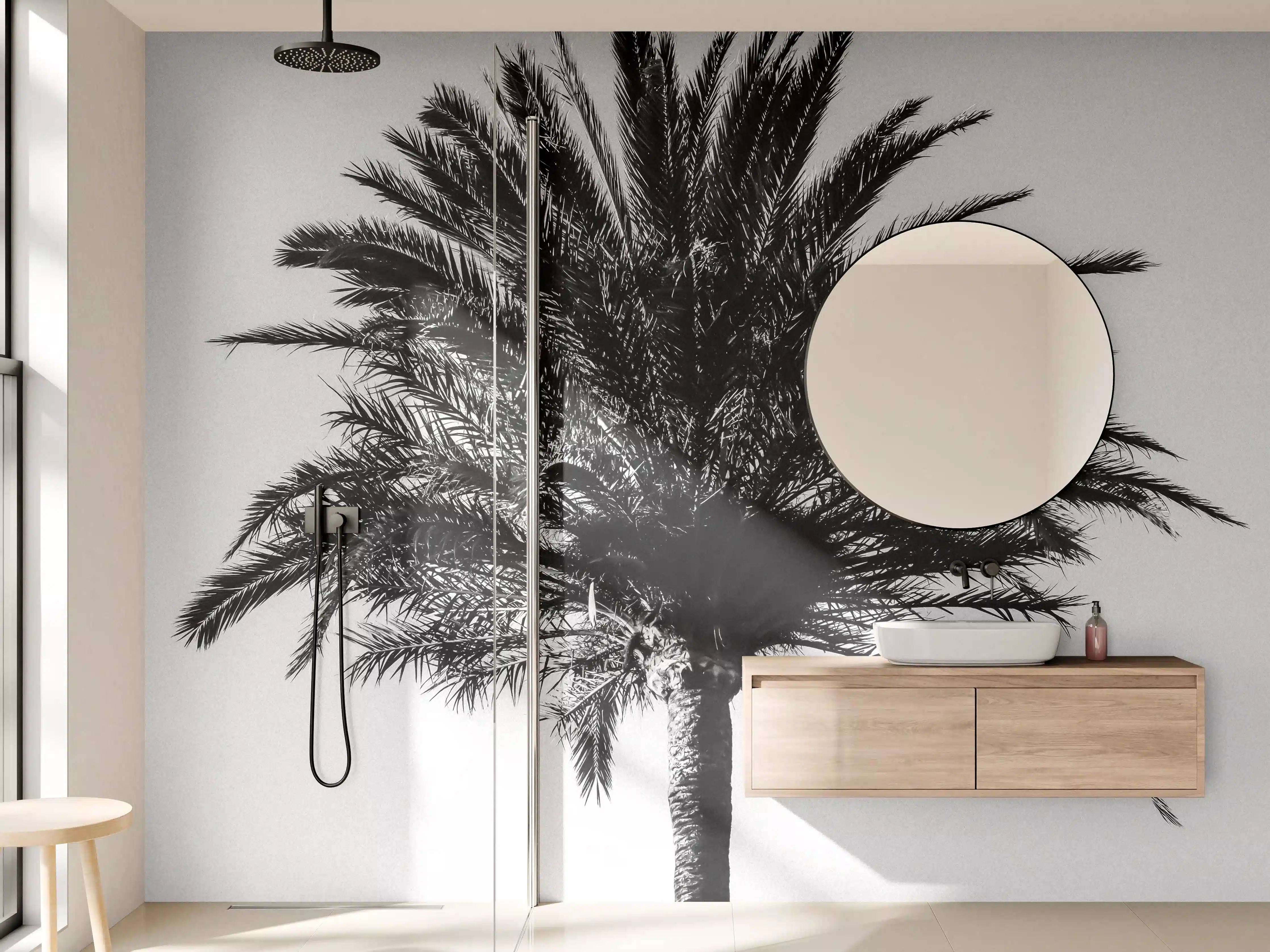 Wandverkleidung Bad - Palme - Schwarz-weiß