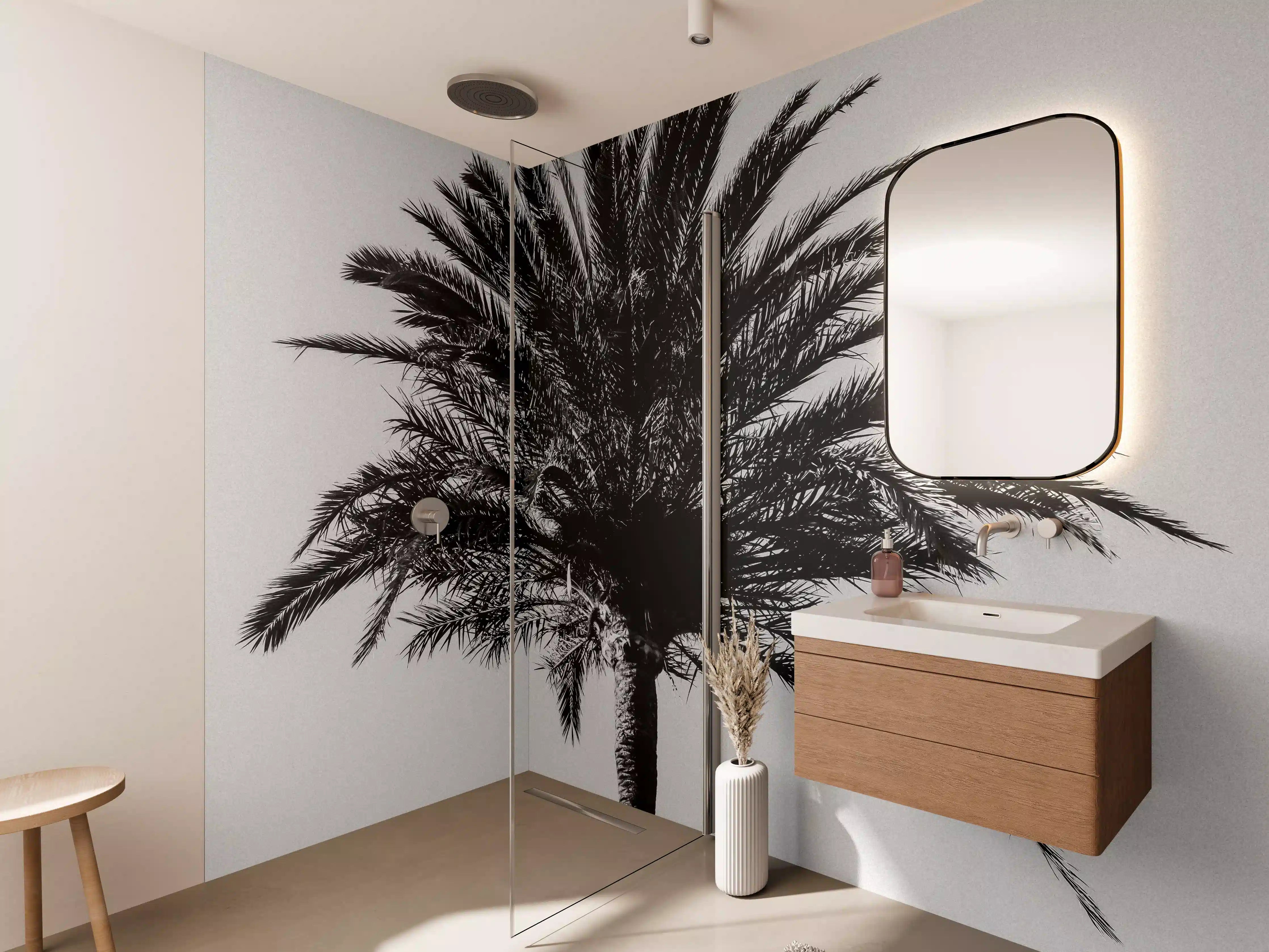 Wandverkleidung Bad - Palme - Schwarz-weiß