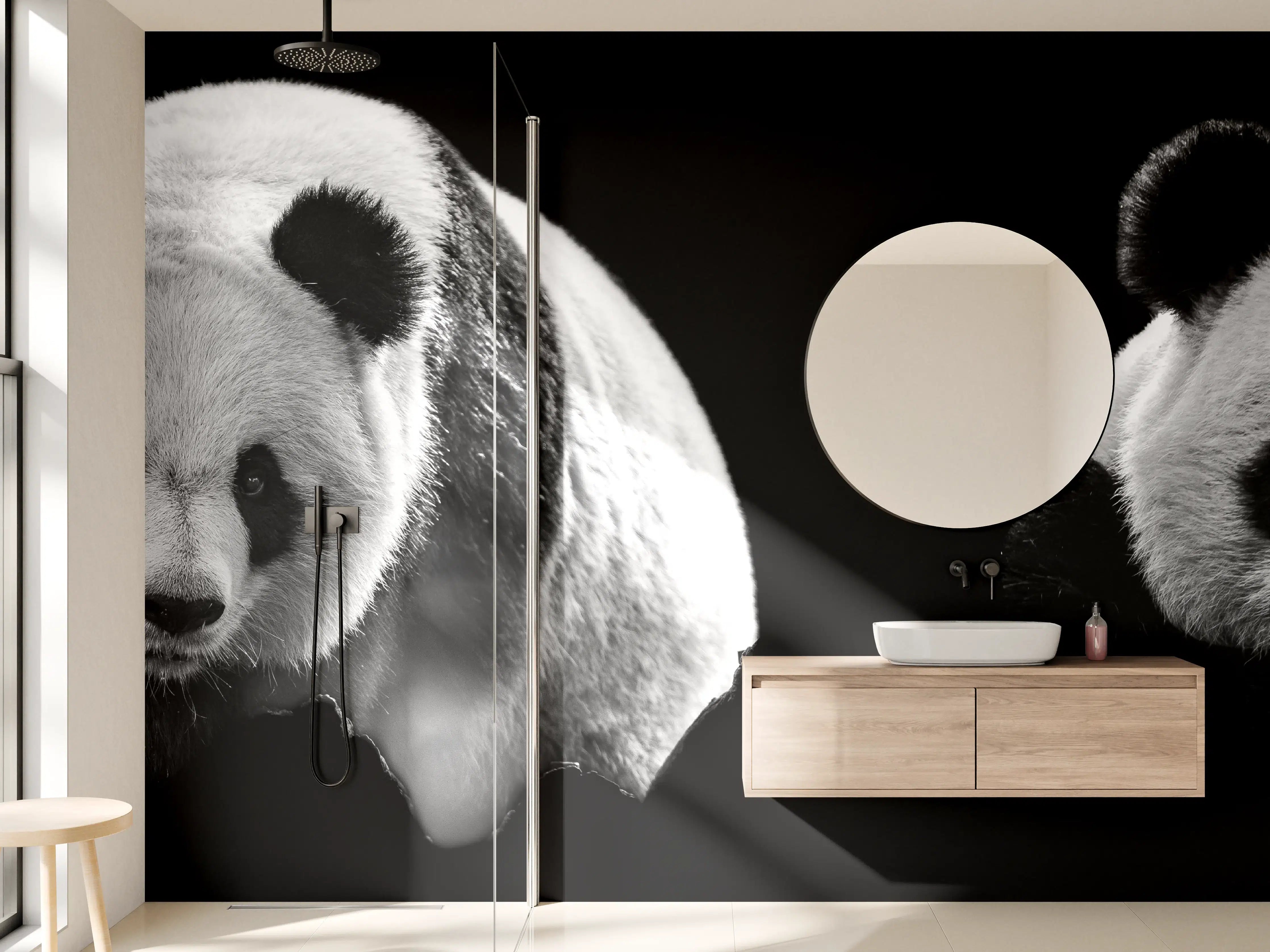 Wandverkleidung Bad - Panda mit schwarzem Hintergrund