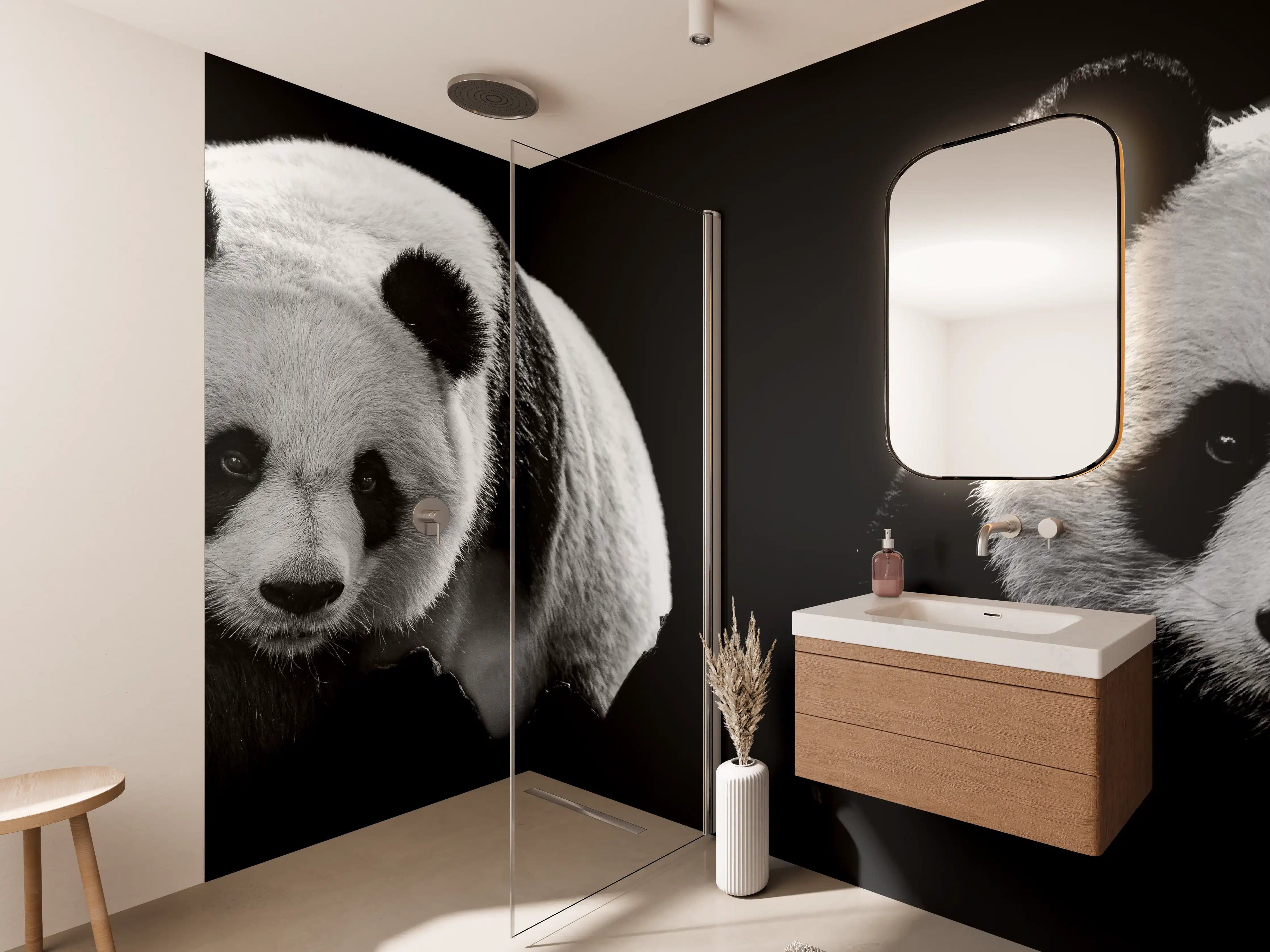 Wandverkleidung Bad - Panda mit schwarzem Hintergrund