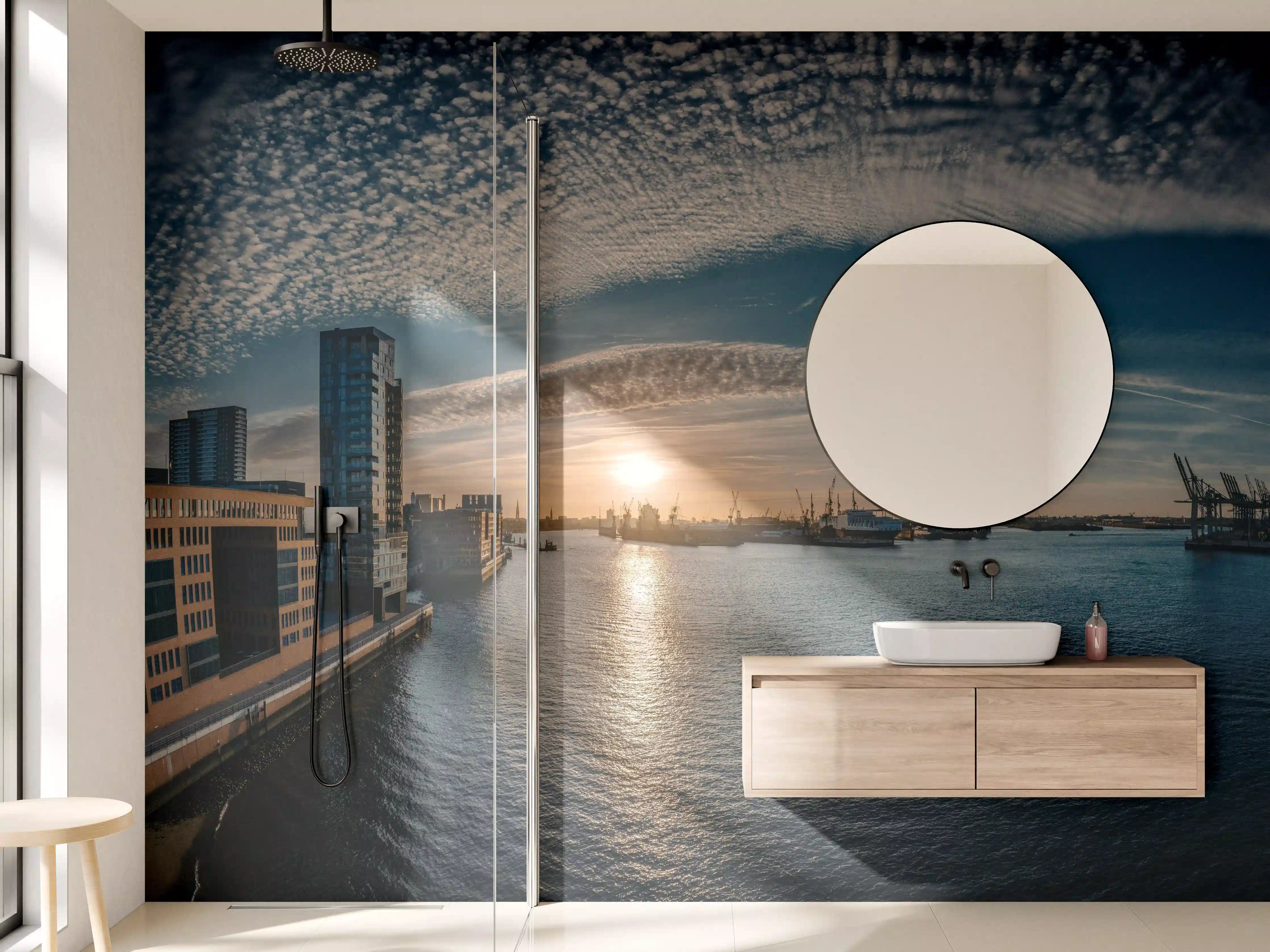 Wandverkleidung Bad - Panoramablick Hamburg bei Sonnenuntergang