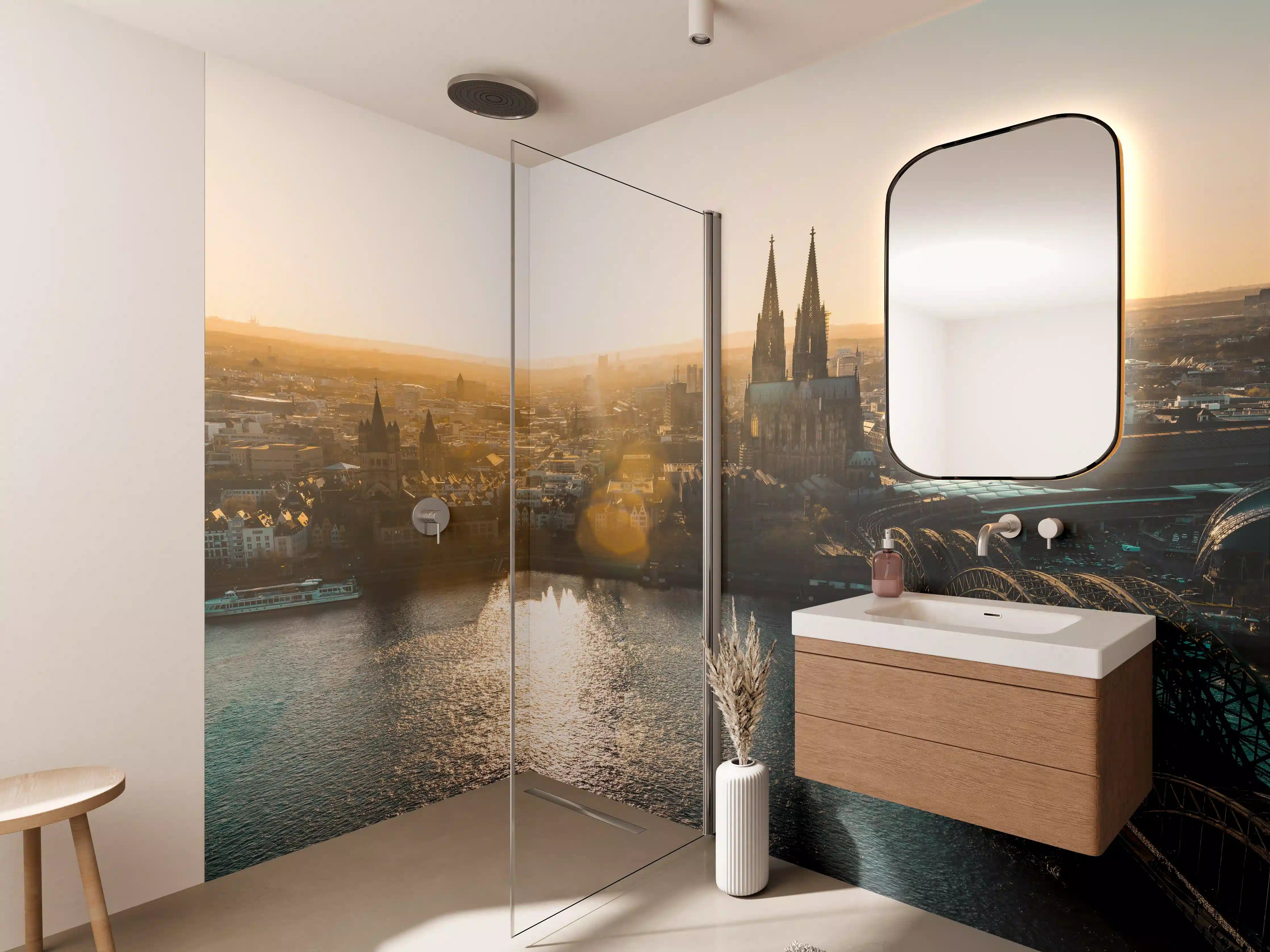 Wandverkleidung Bad - Panoramablick auf Köln bei Sonnenaufgang