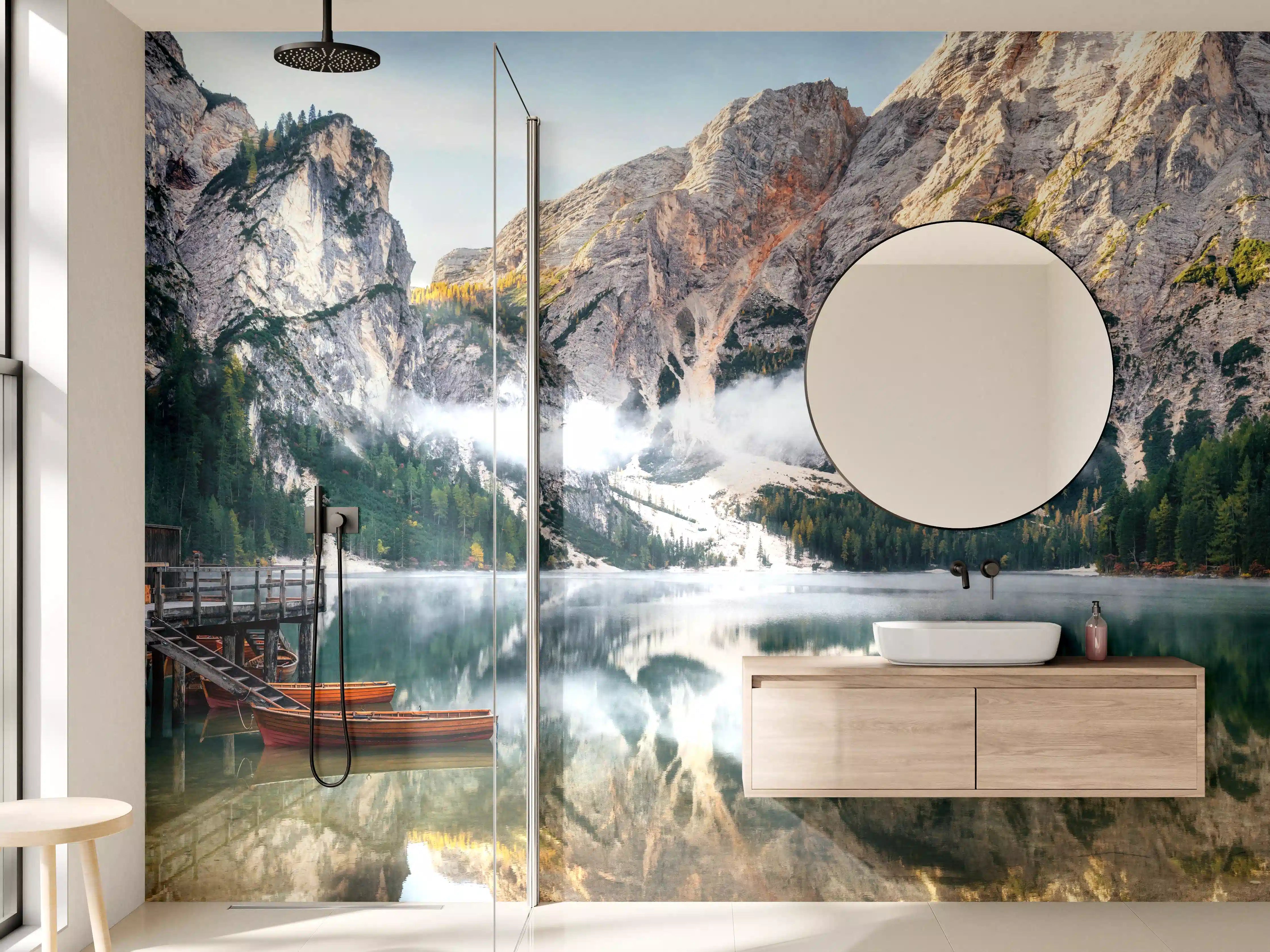 Wandverkleidung Bad - Panoramablick auf Pragser Wildsee