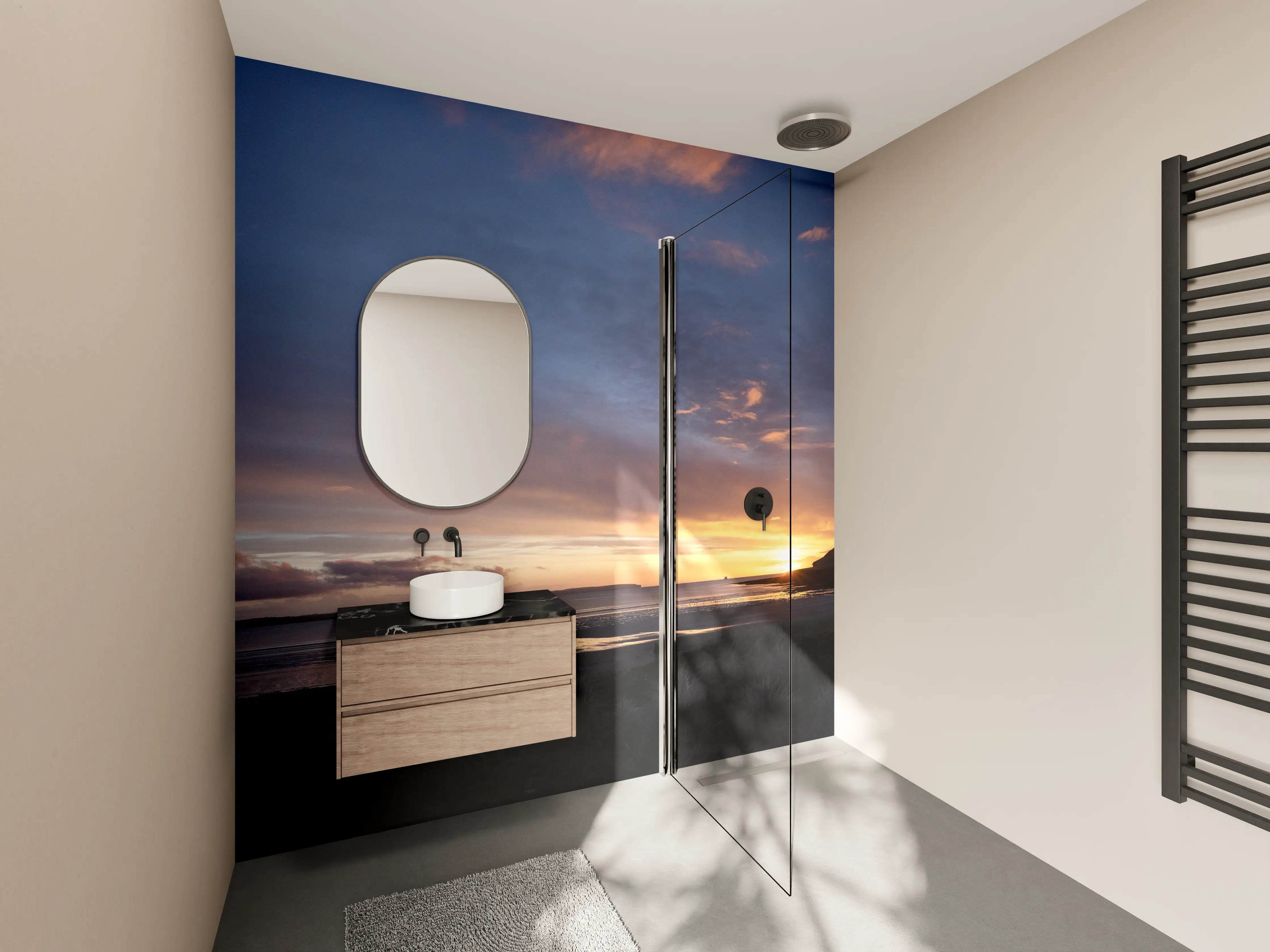 Wandverkleidung Bad - Panoramischer Sonnenuntergang über ruhigem Wasser
