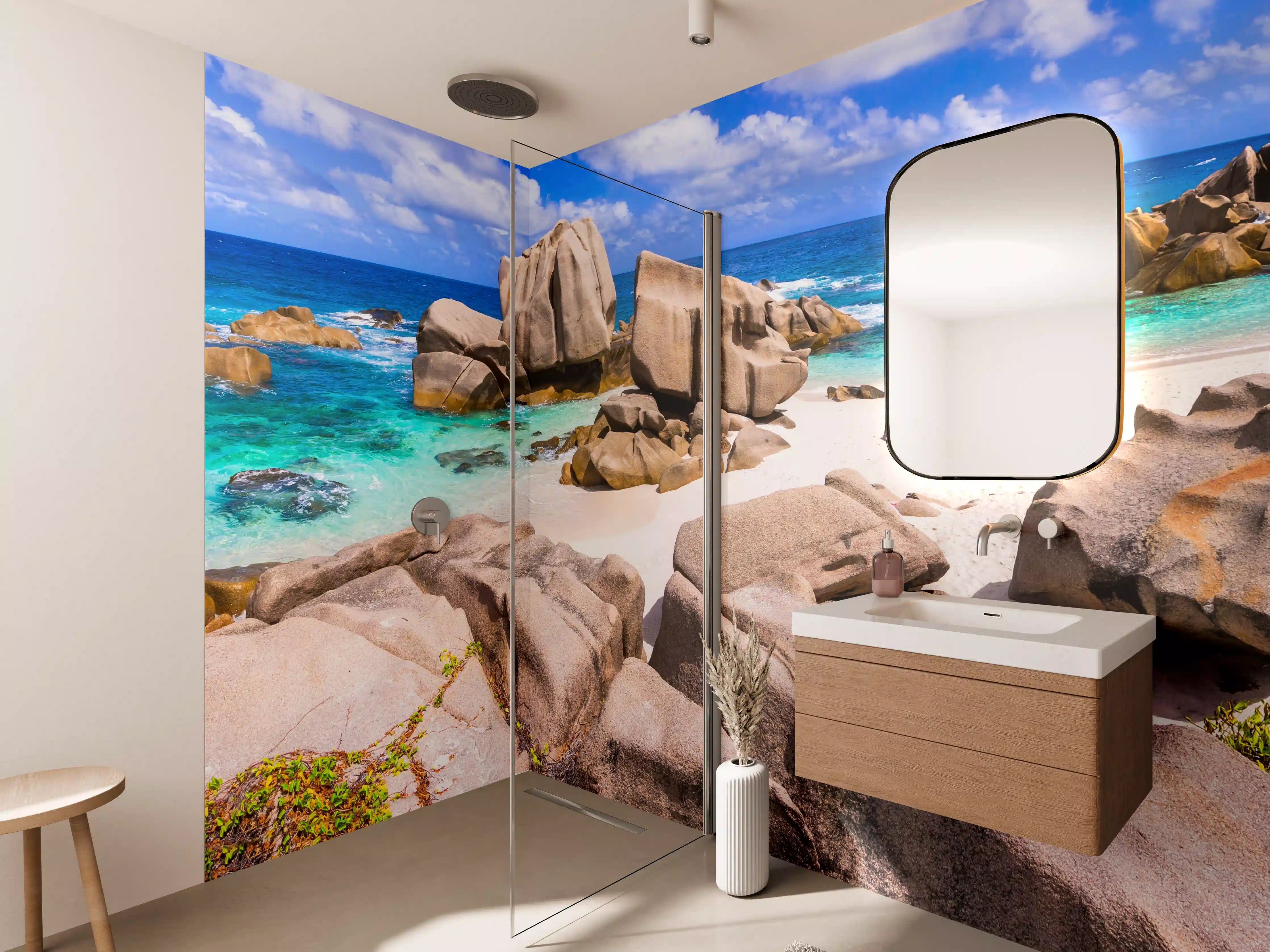 Wandverkleidung Bad - Paradise Strand mit Felsen und Blauem Wasser