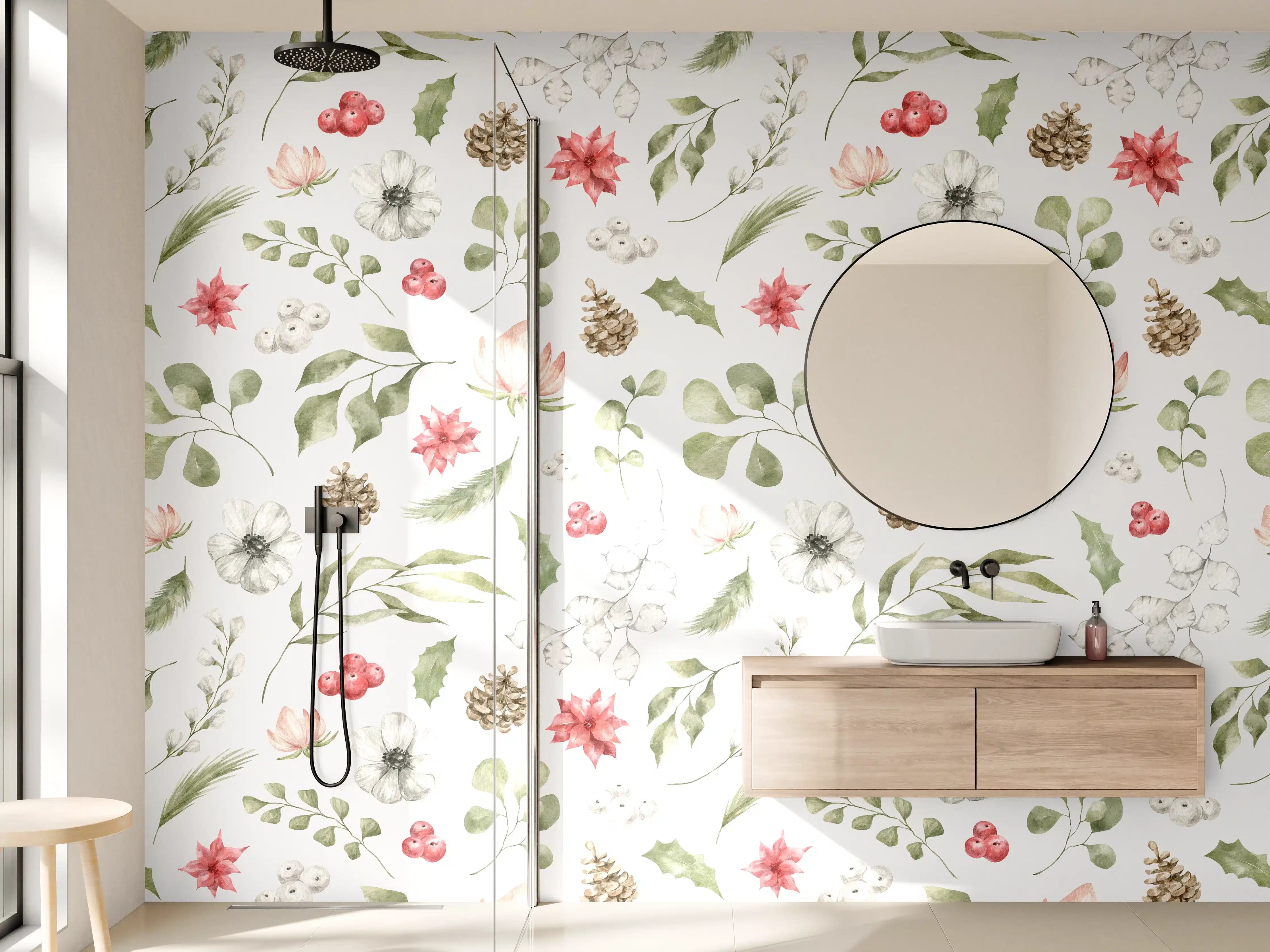 Wandverkleidung Bad - Pastell Blumenmuster Weiß-Grün-Rosa