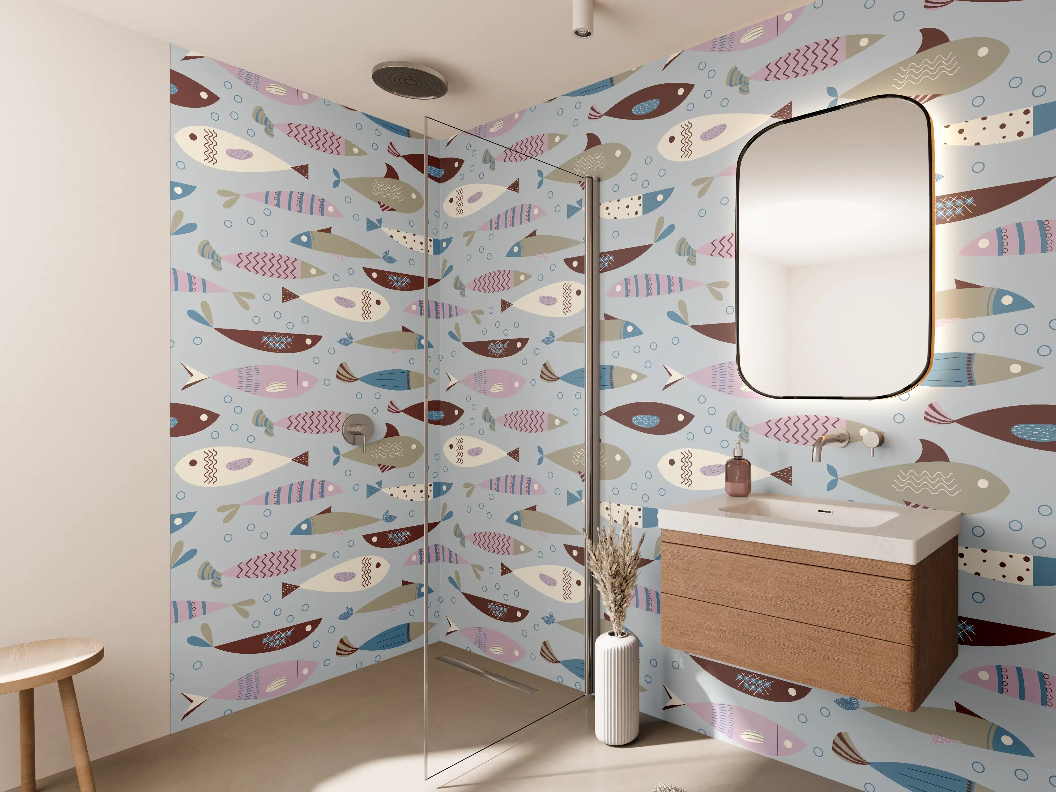 Wandverkleidung Bad - Pastell-Fischmuster Blau Beige