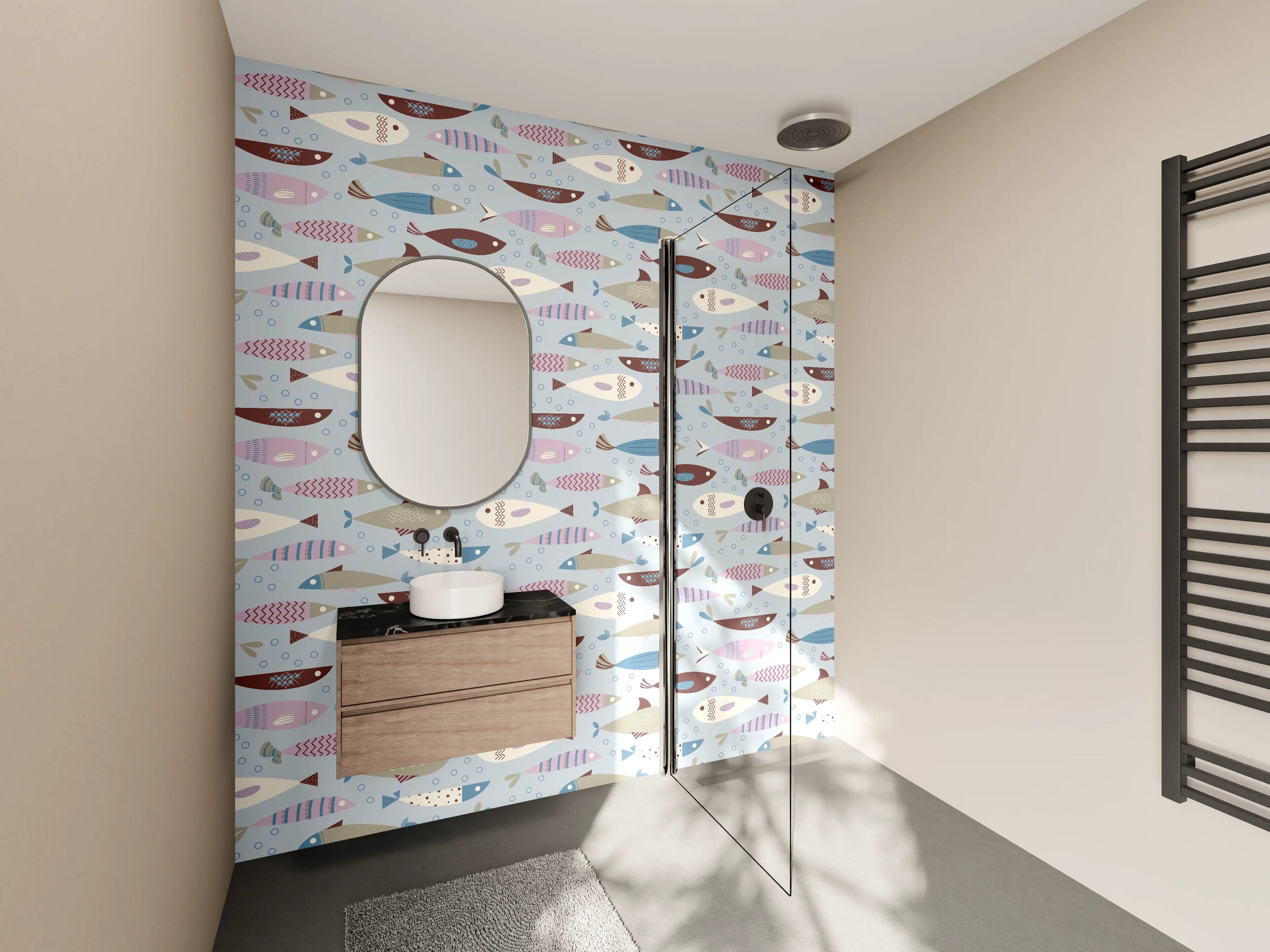 Wandverkleidung Bad - Pastell-Fischmuster Blau Beige