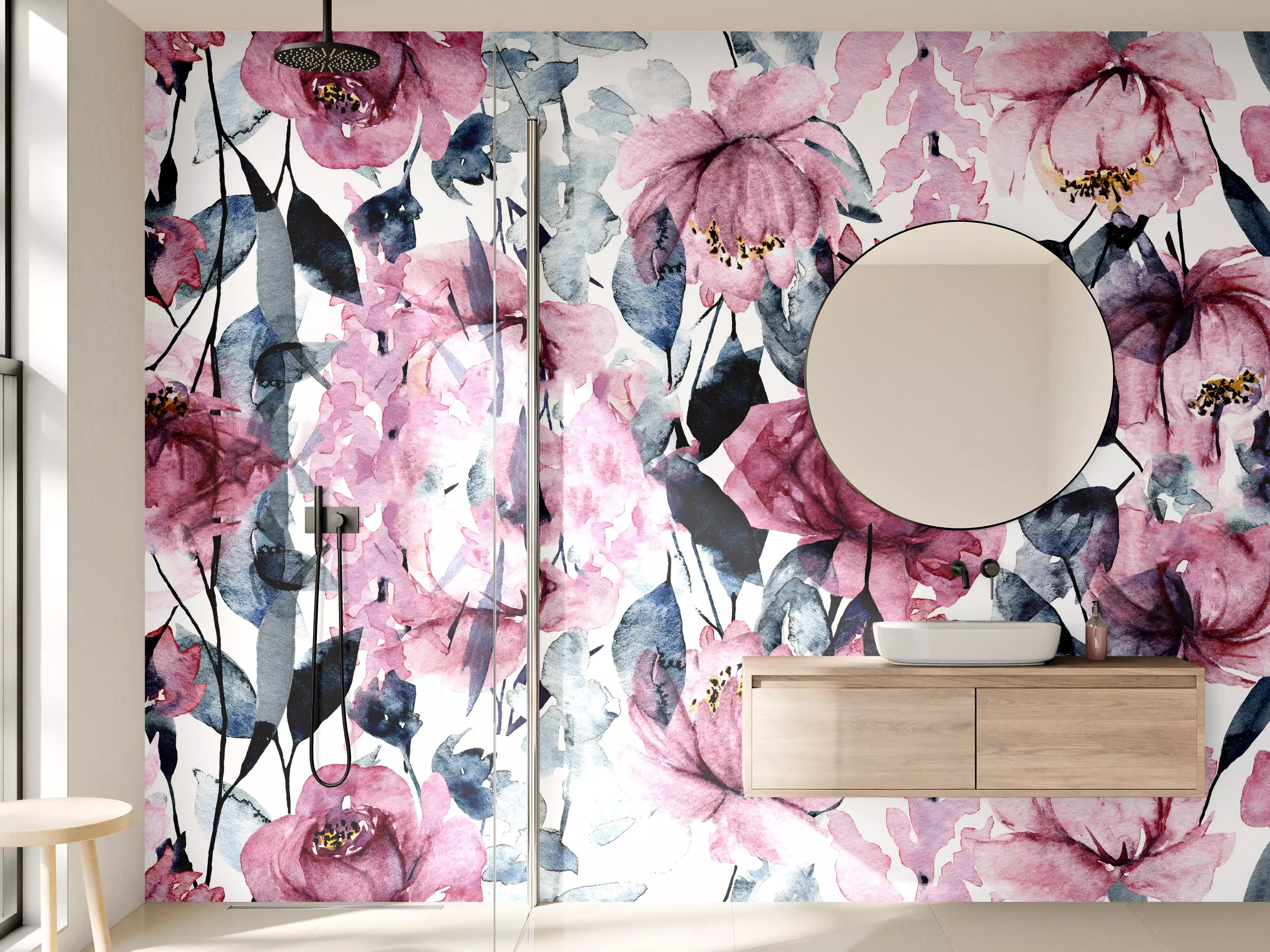 Wandverkleidung Bad - Pastellblumen in Grau und Rosa