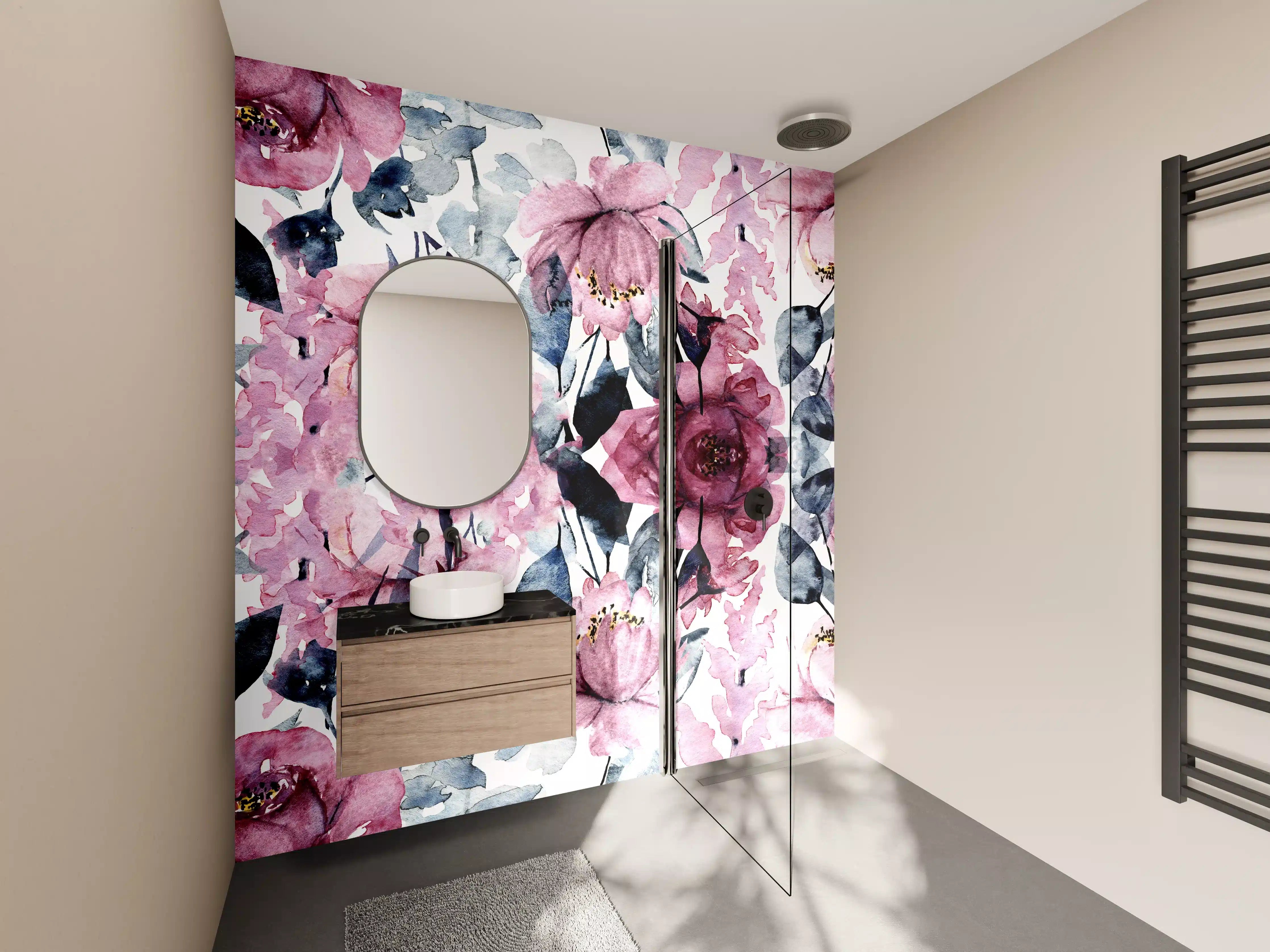 Wandverkleidung Bad - Pastellblumen in Grau und Rosa
