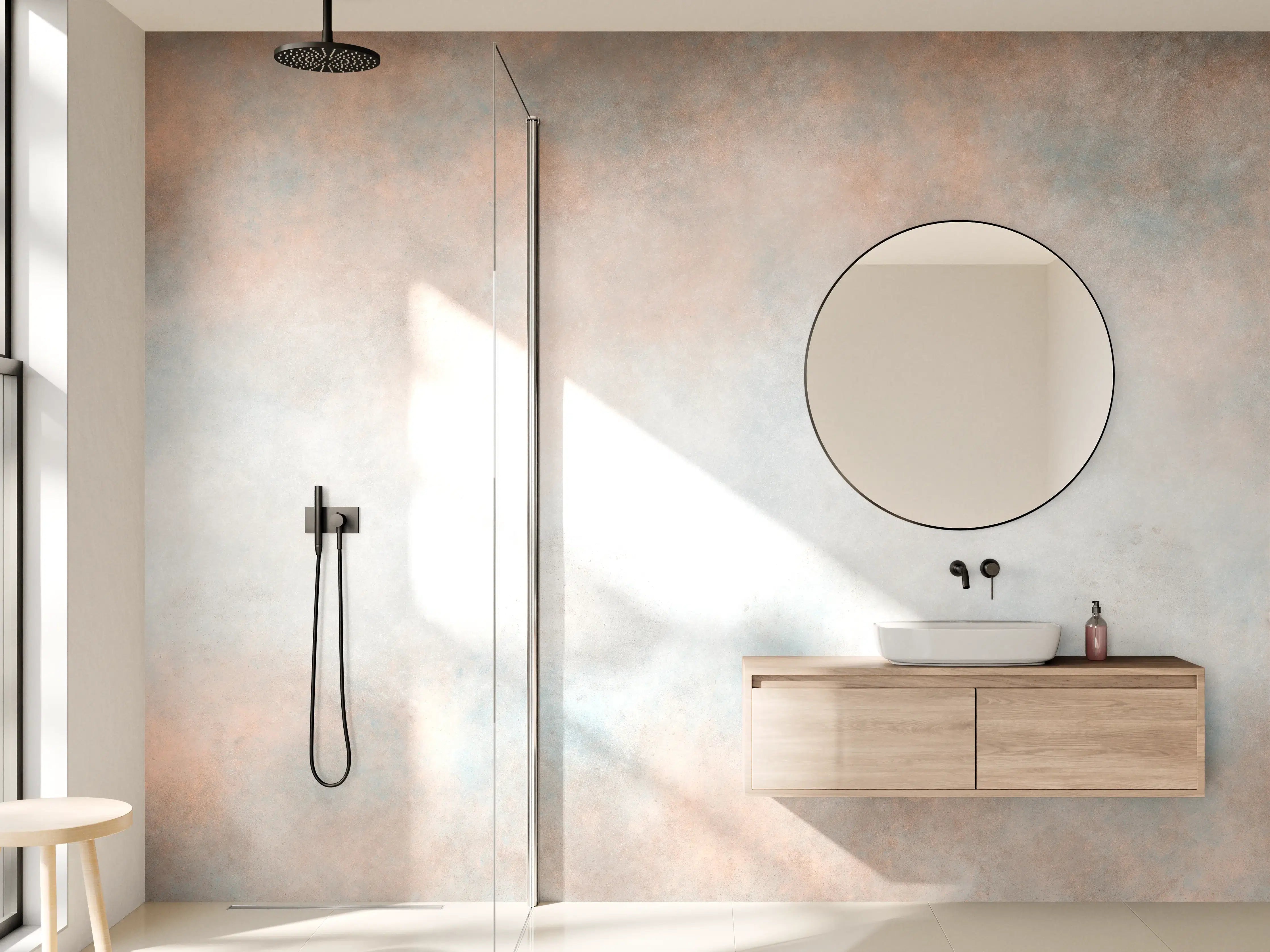 Wandverkleidung Bad - Pastellfarbiges beige-blaues Design 
