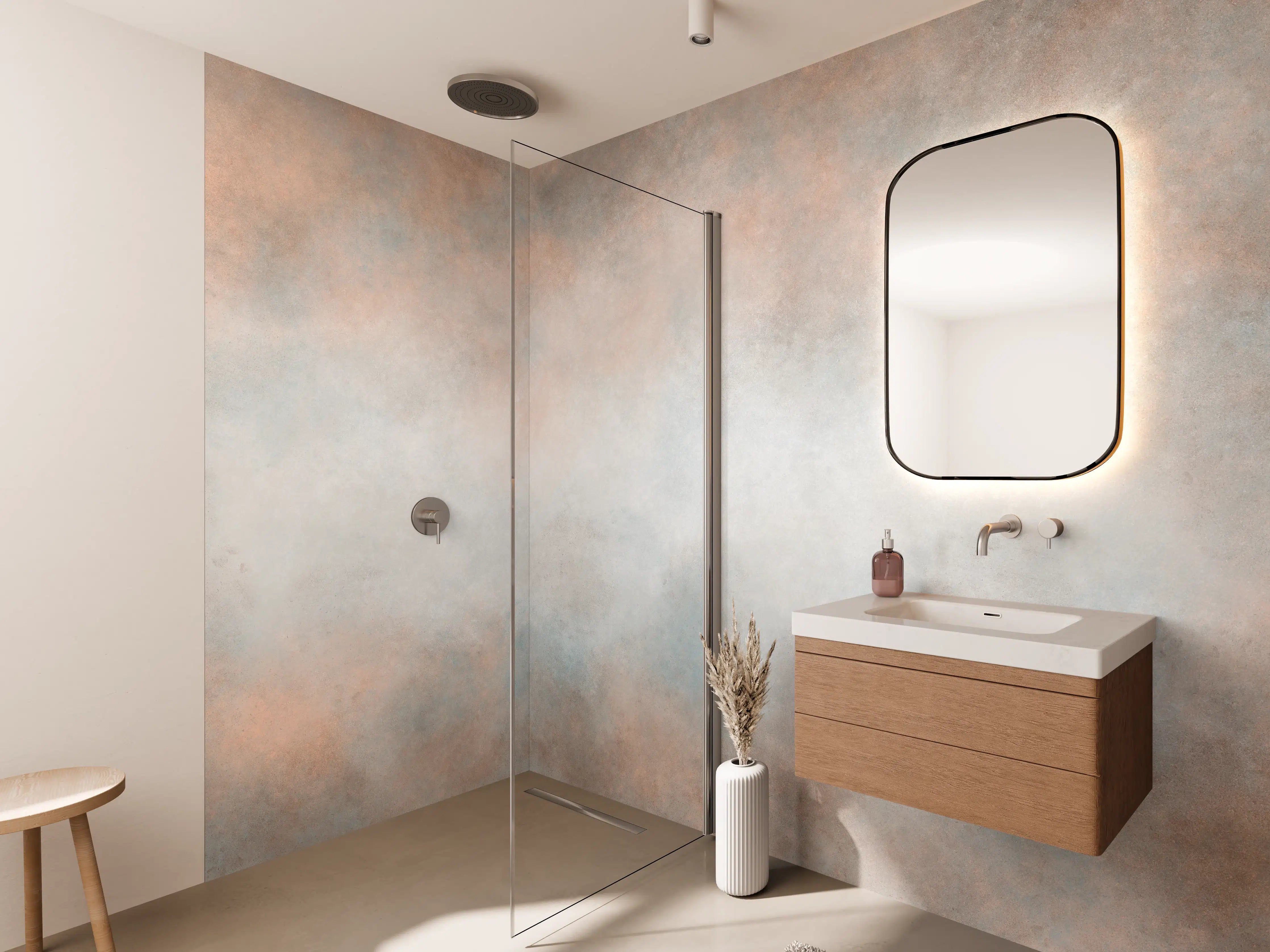 Wandverkleidung Bad - Pastellfarbiges beige-blaues Design 