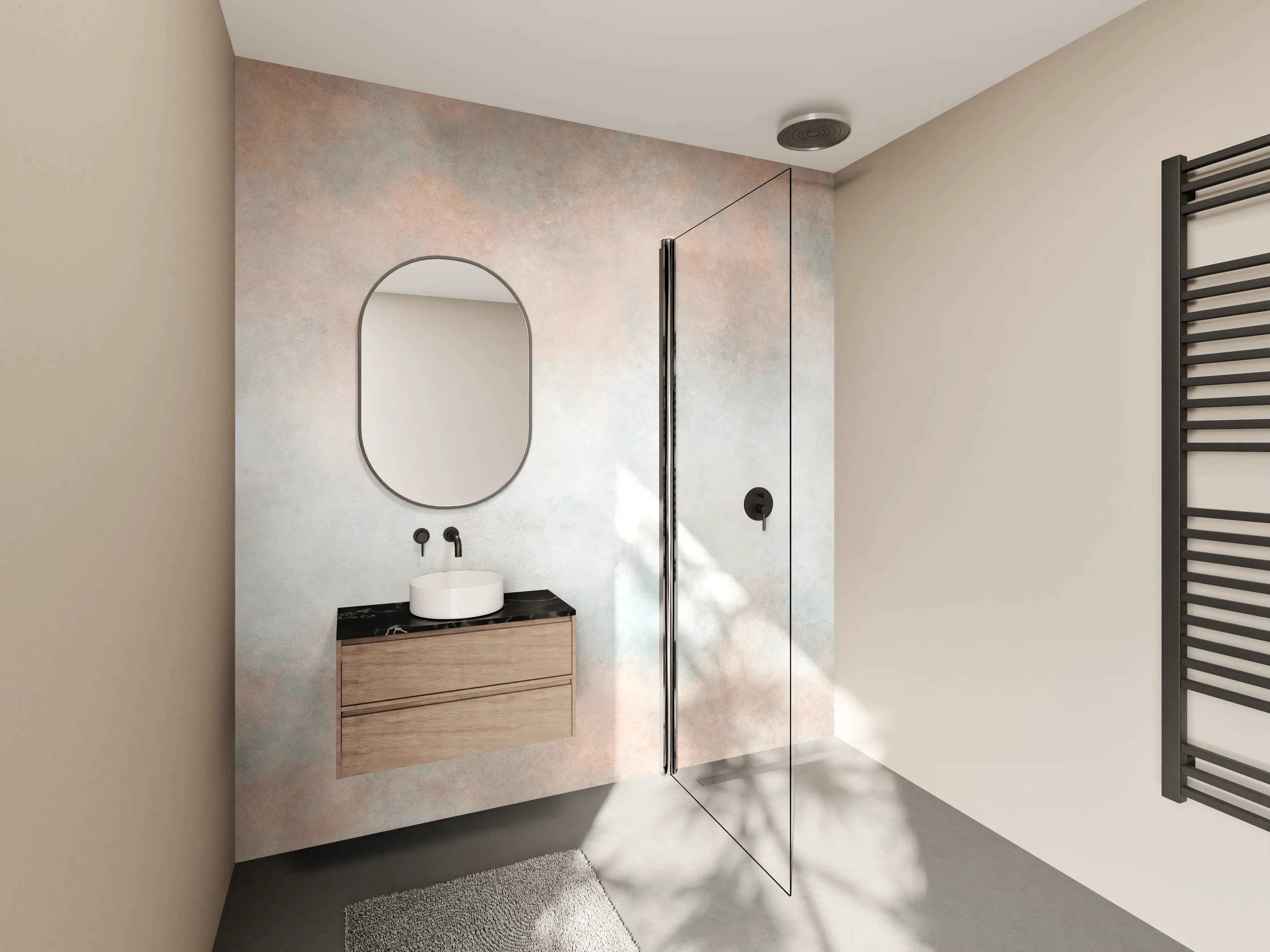 Wandverkleidung Bad - Pastellfarbiges beige-blaues Design 