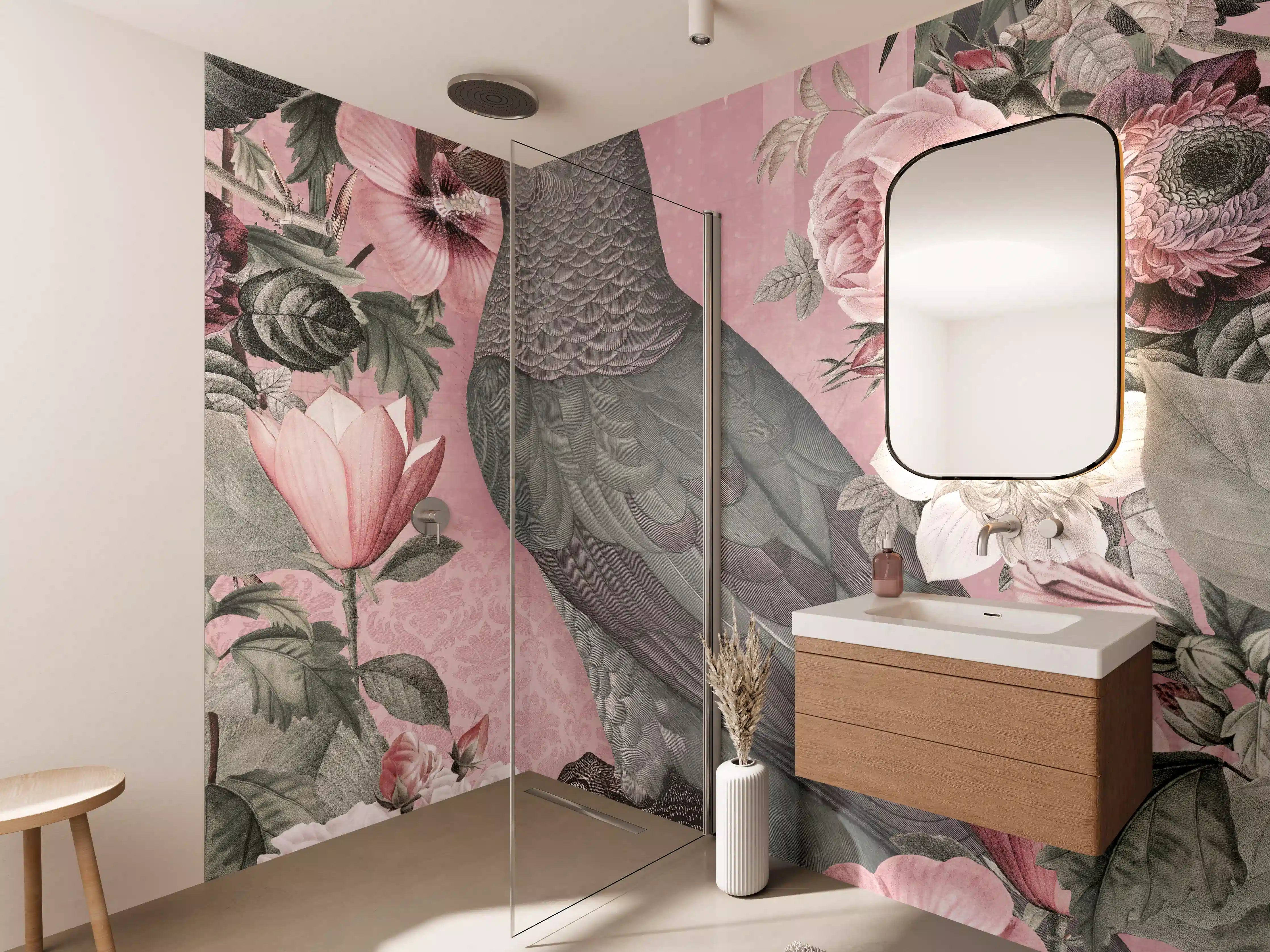 Wandverkleidung Bad - Pastellrosa Papagei Flora
