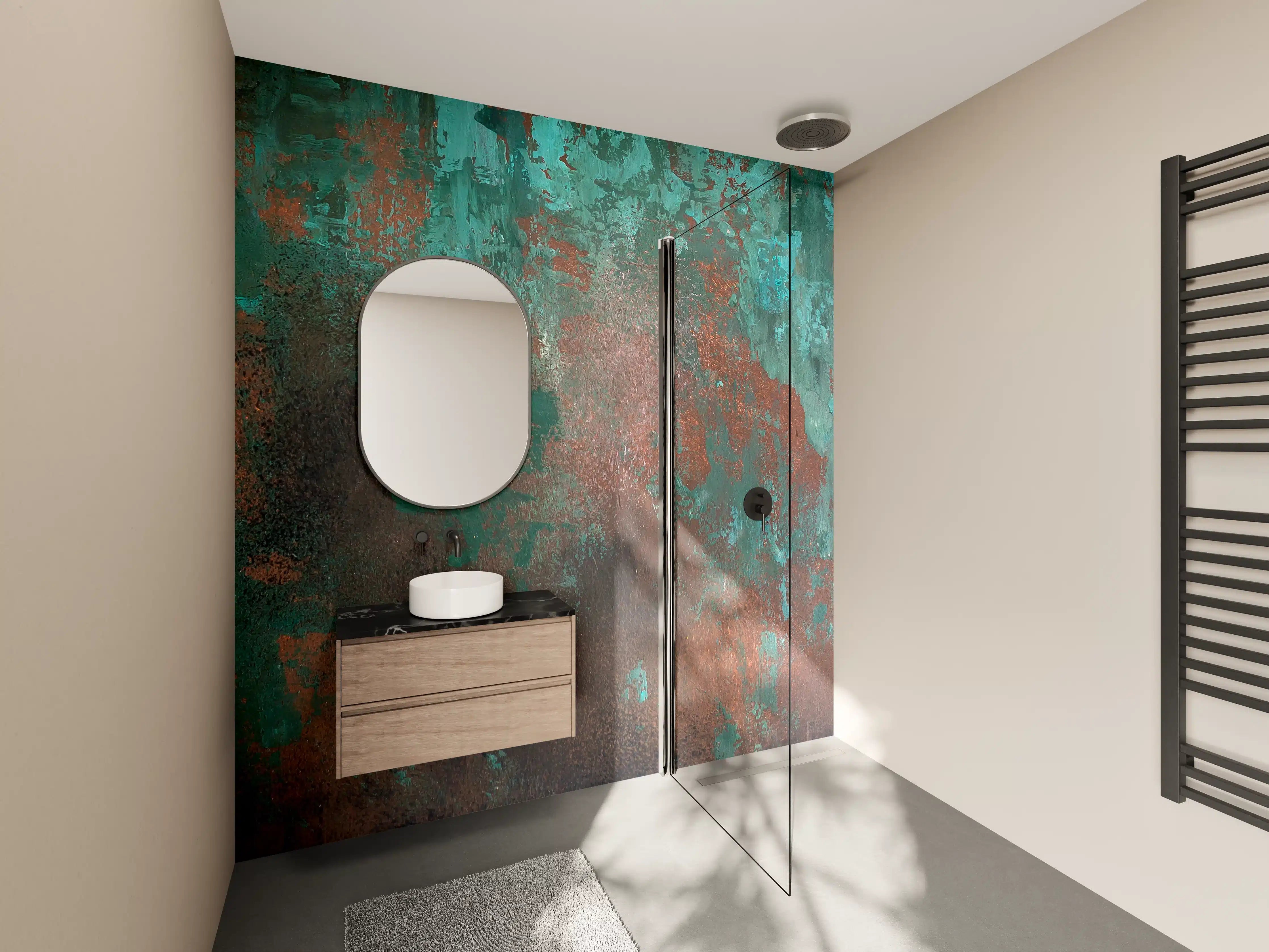Wandverkleidung Bad - Patina-Bezogenes Wandbild mit Grüntönen