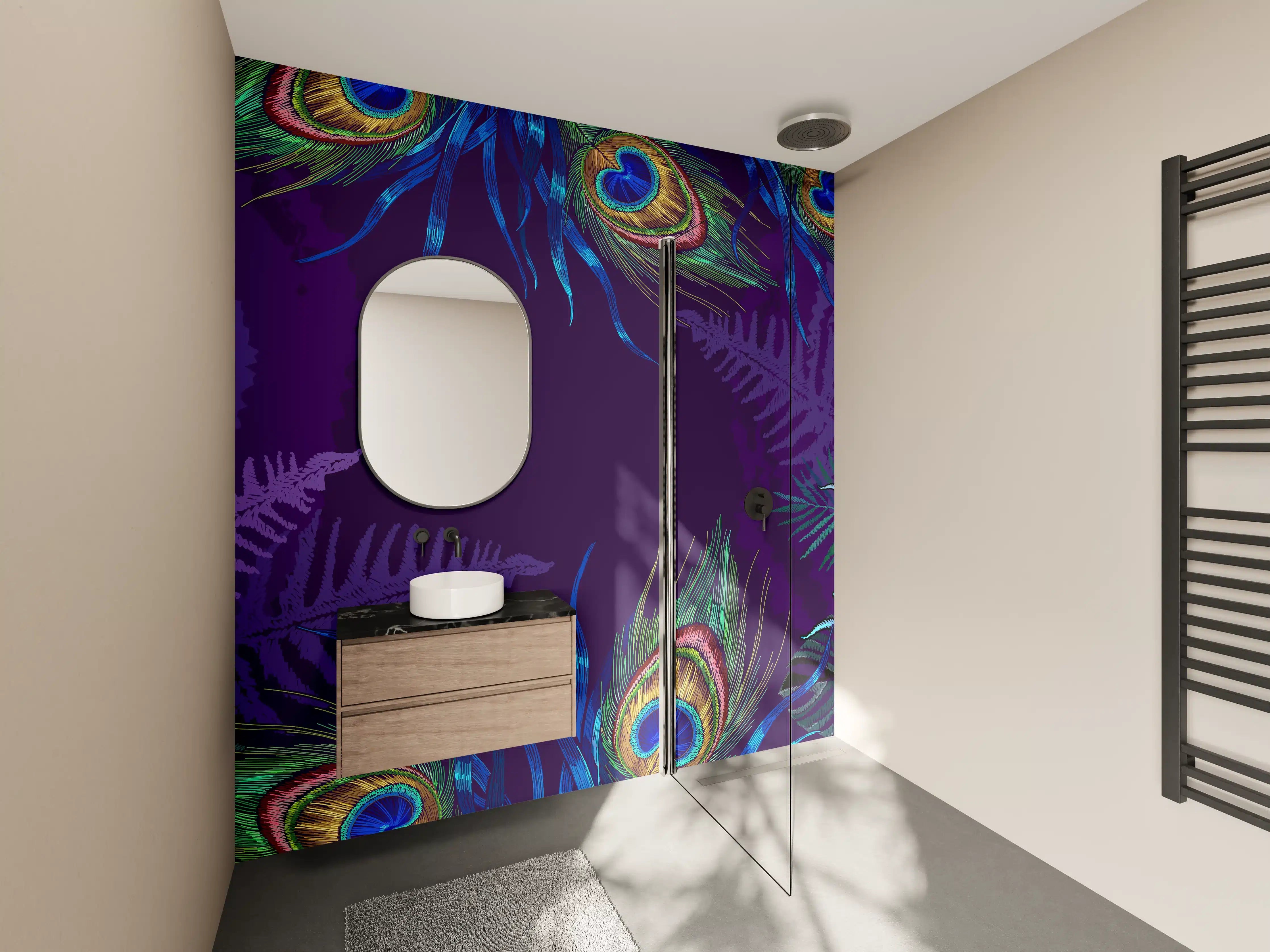 Wandverkleidung Bad - Pfauen Stickerei Kunst