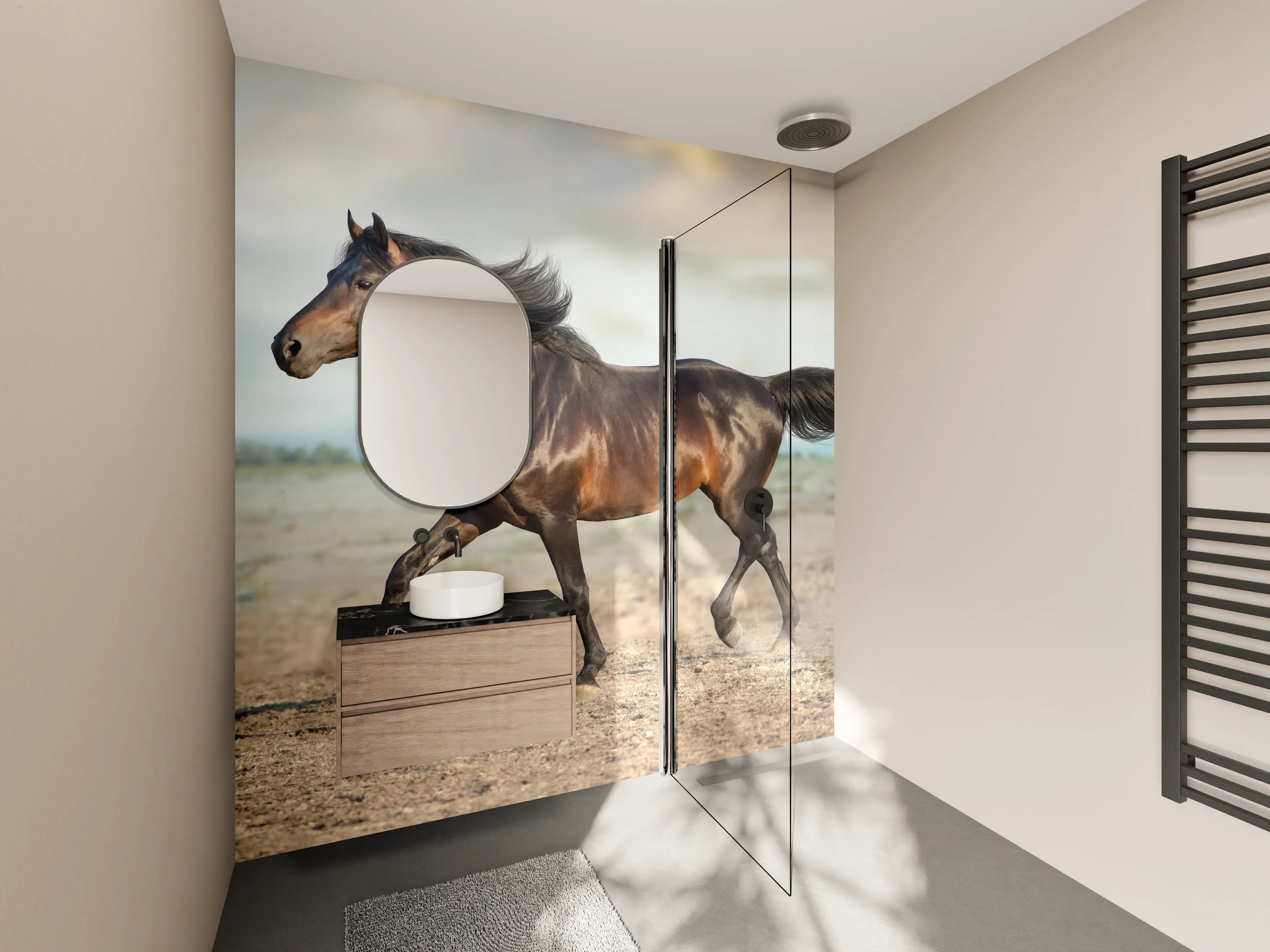 Wandverkleidung Bad - Pferd frei in der Wüste