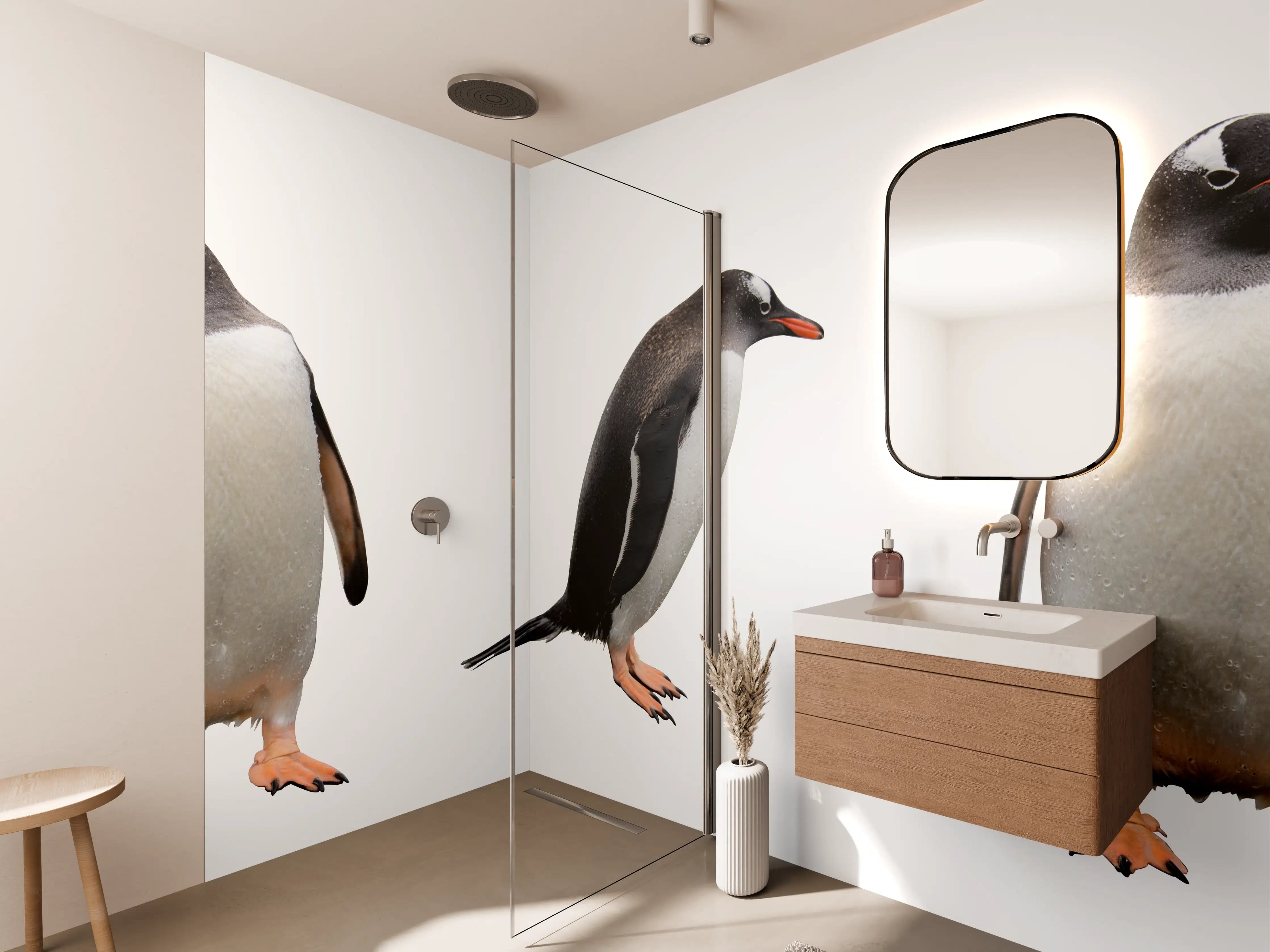 Wandverkleidung Bad - Pinguine auf weißem Hintergrund