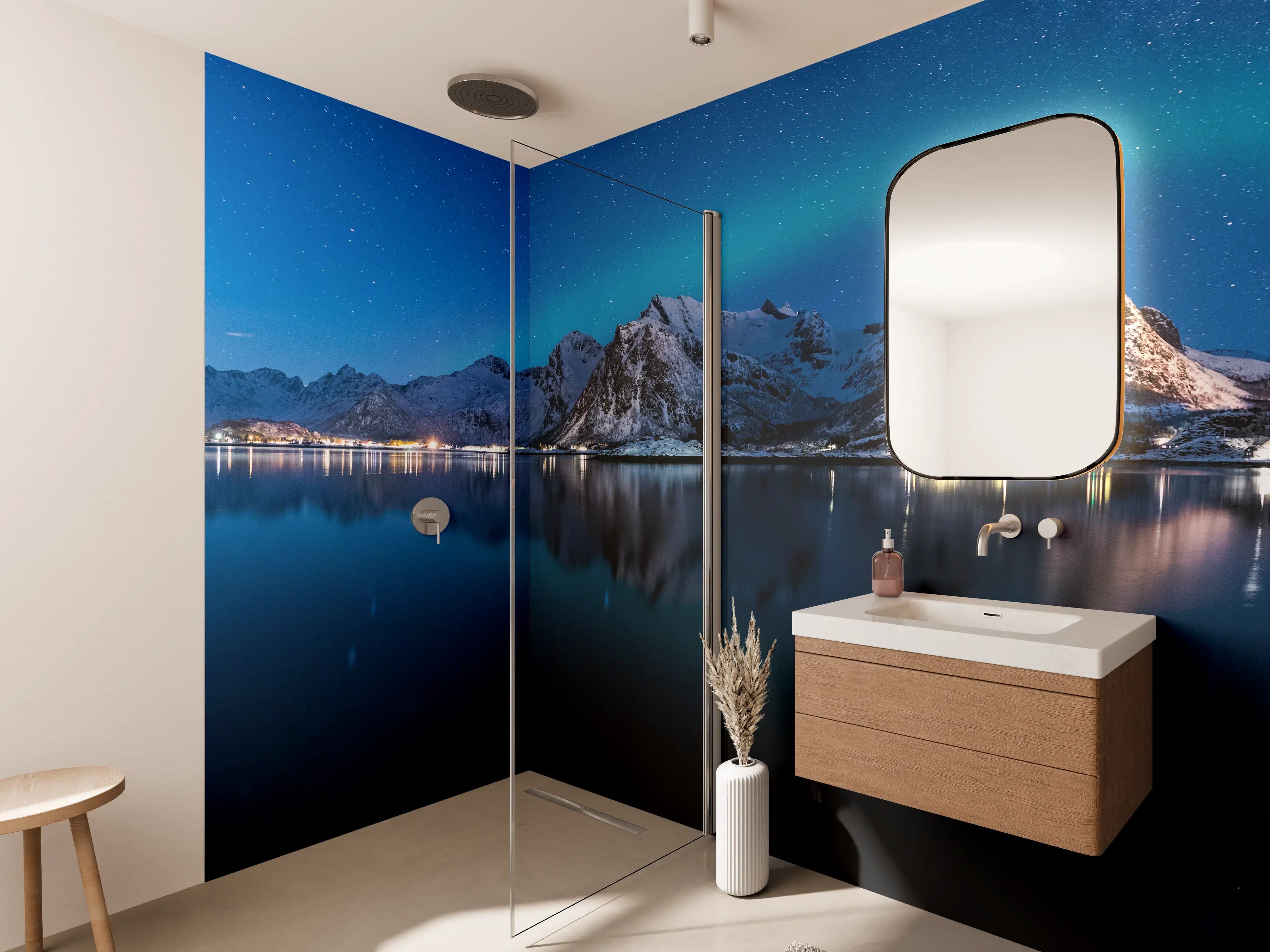 Wandverkleidung Bad - Polarlichter am Himmel von Norwegen