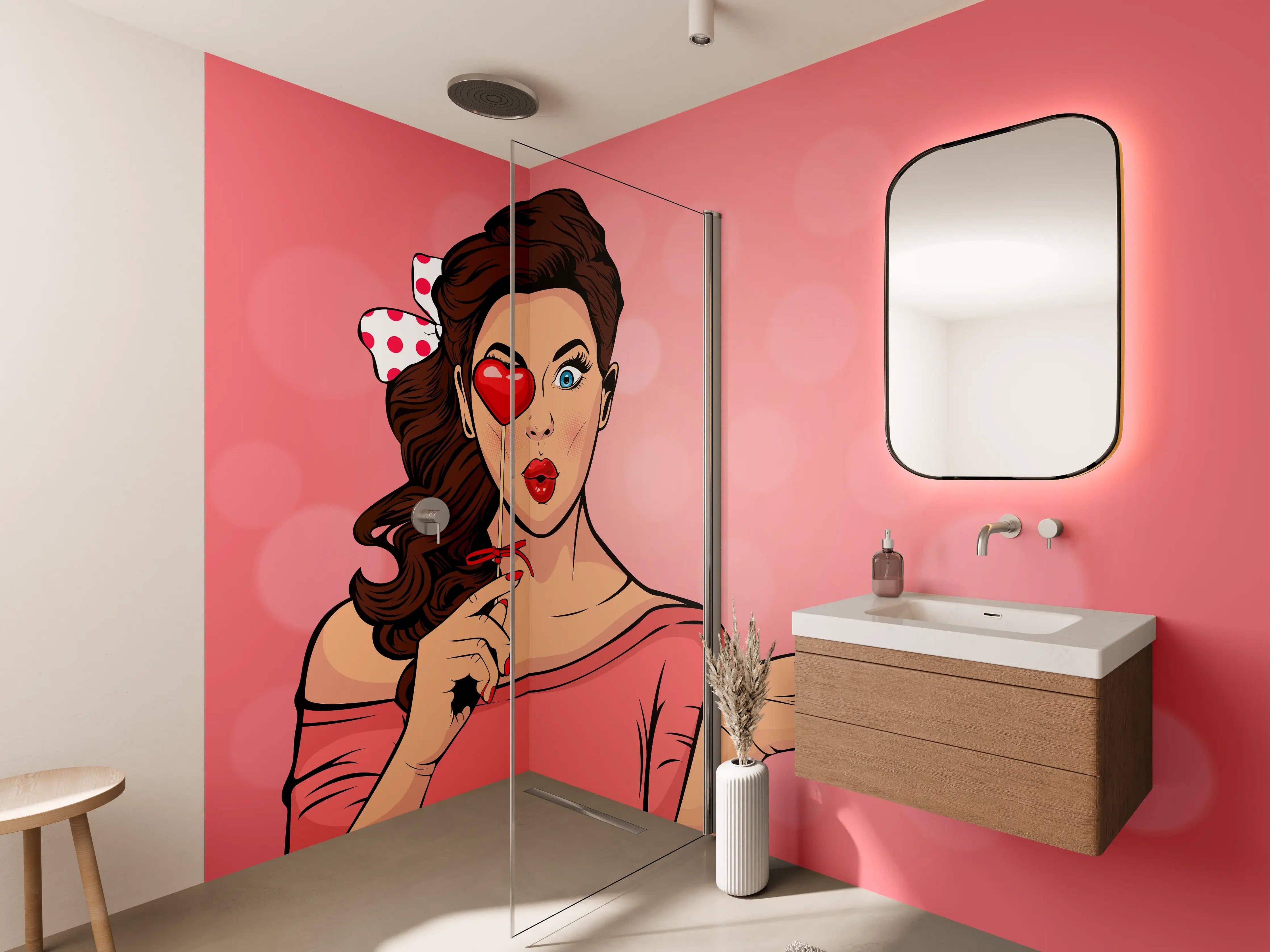 Wandverkleidung Bad - Pop-Art-Lady-mit-Herz-Lolly