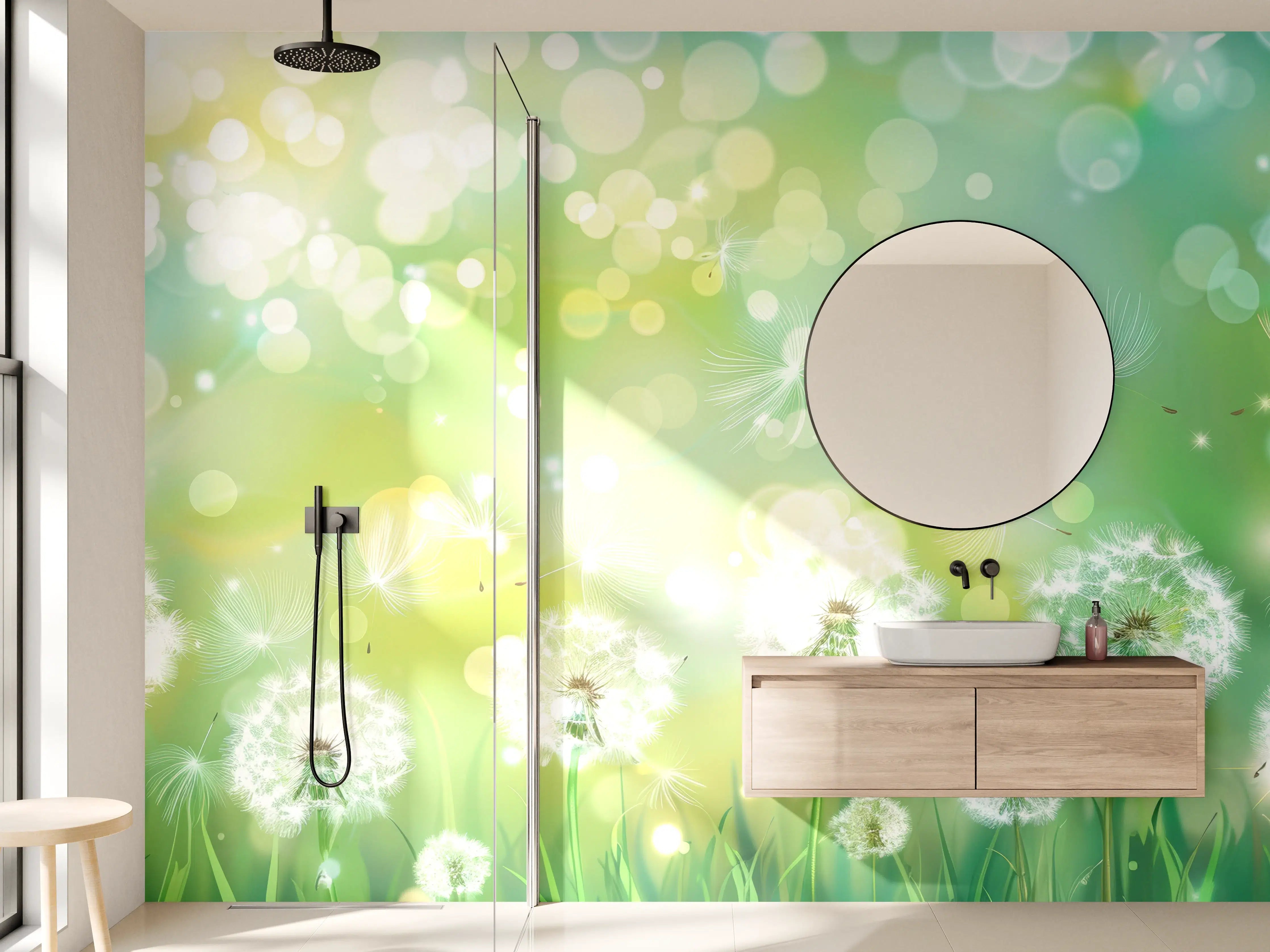 Wandverkleidung Bad - Pusteblumen im Frühlingsgrün