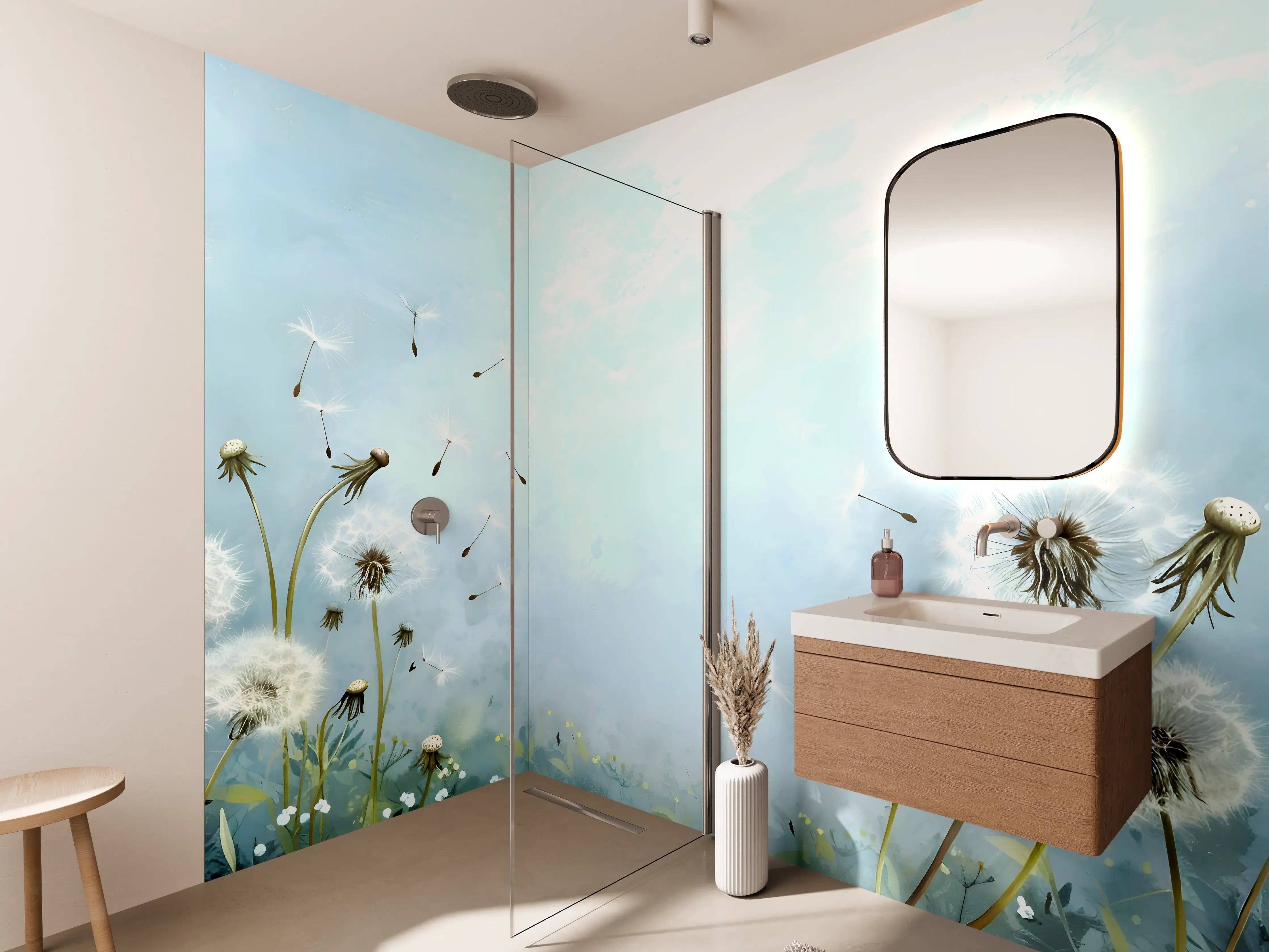 Wandverkleidung Bad - Pusteblumen im blauen Himmel