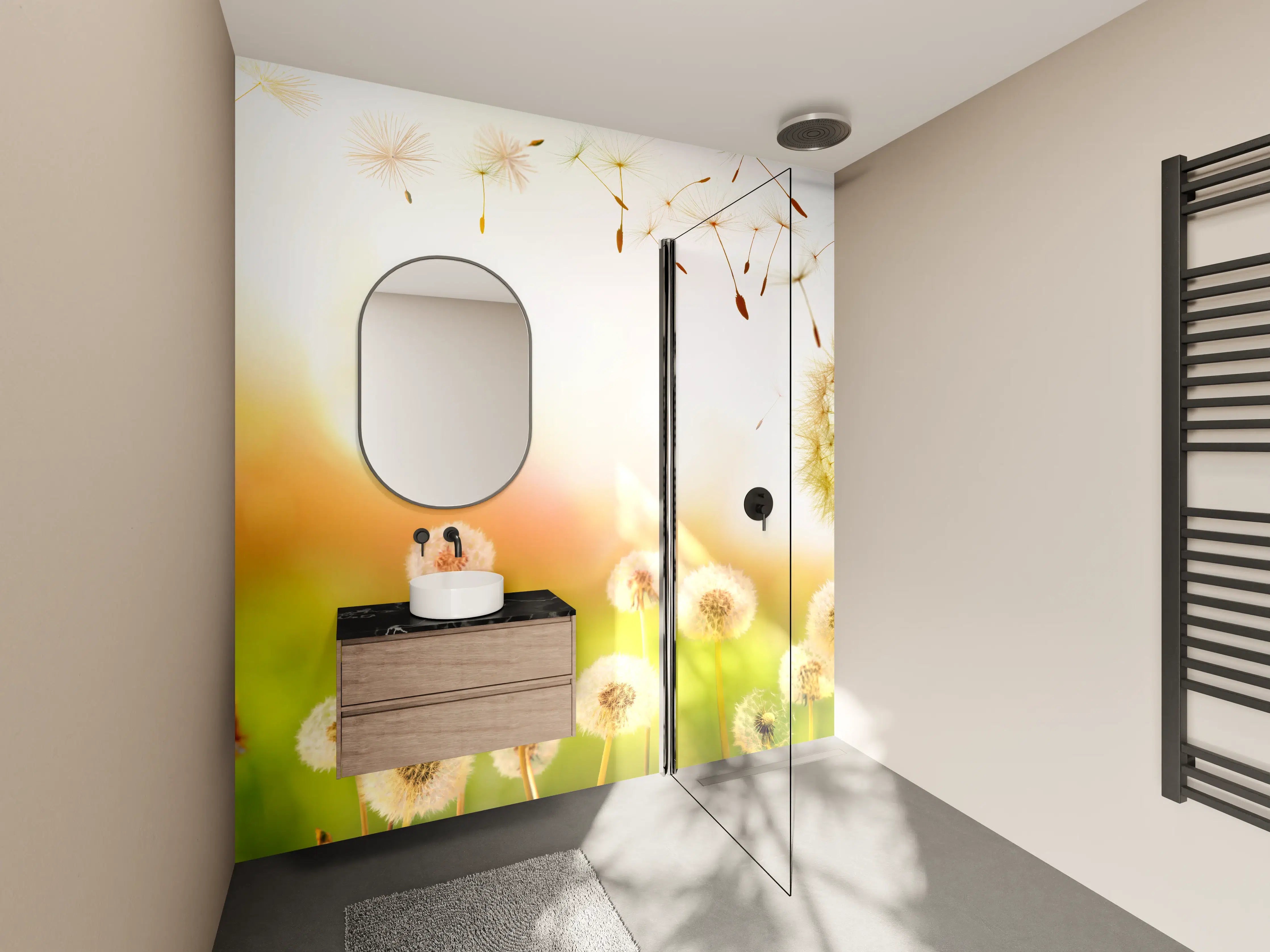 Wandverkleidung Bad - Pusteblumen im goldenen Licht