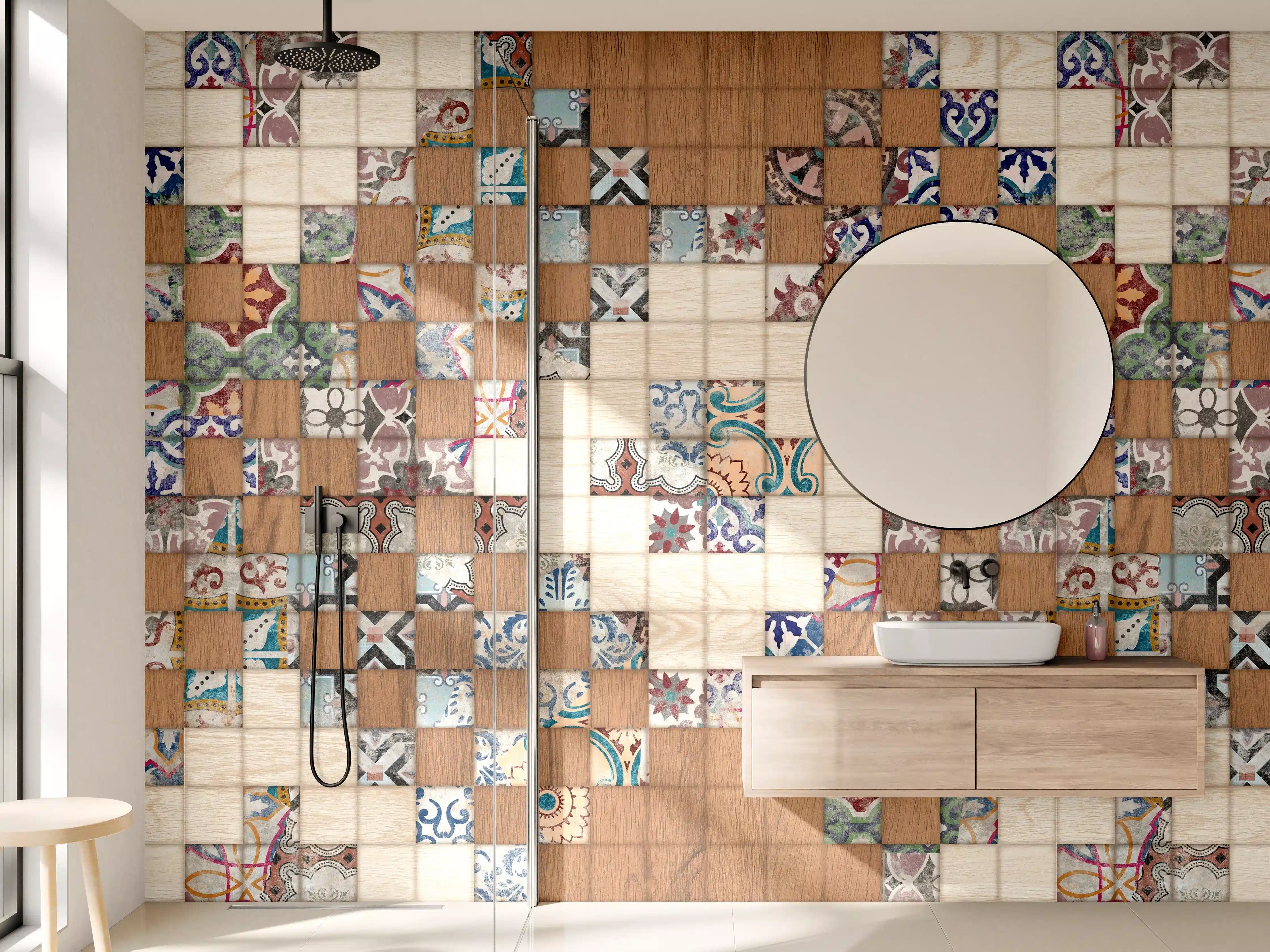 Wandverkleidung Bad - Retro Mosaik Holztextur