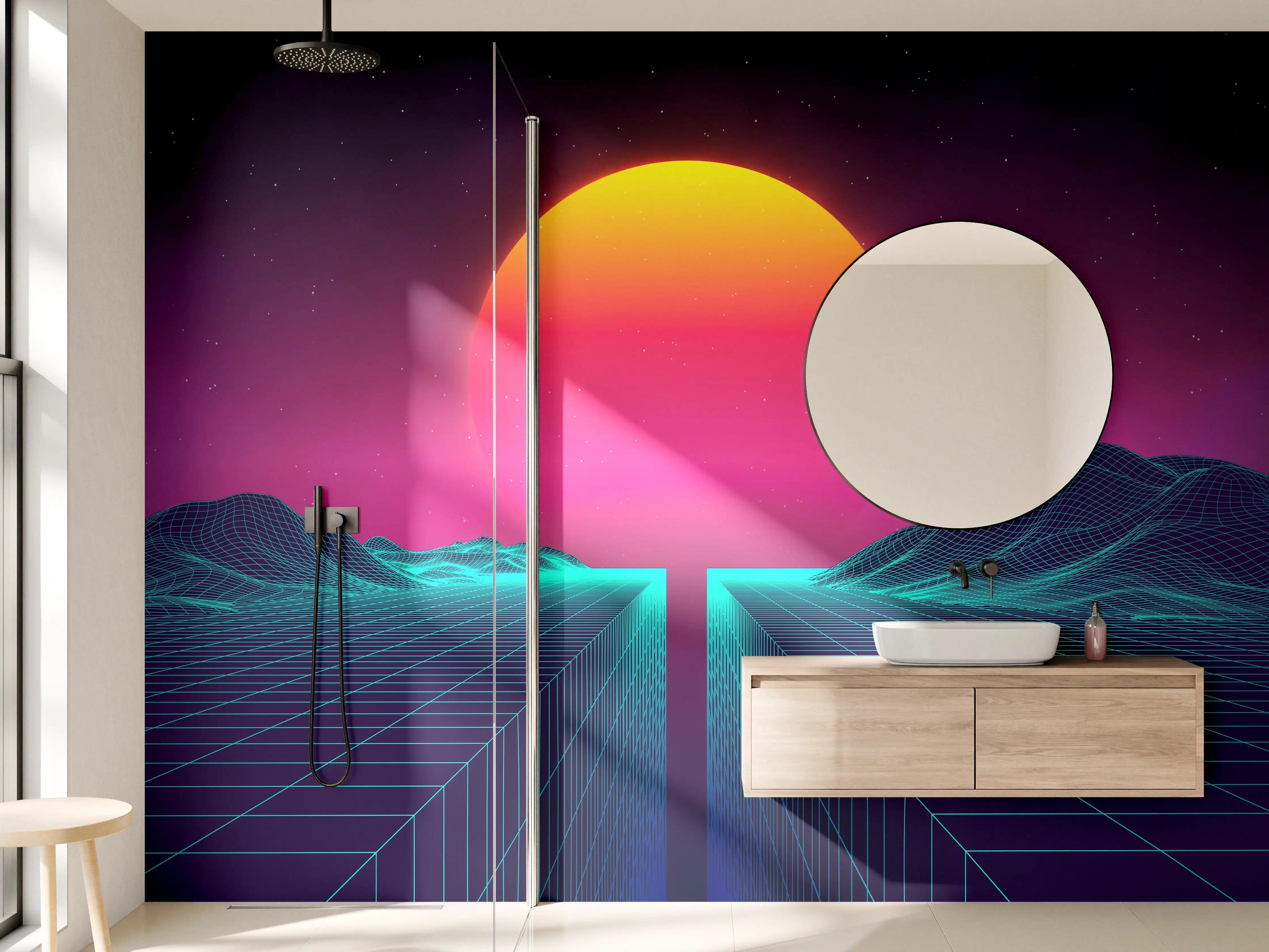 Wandverkleidung Bad - Retro Sci-Fi Cyber-Landschaft
