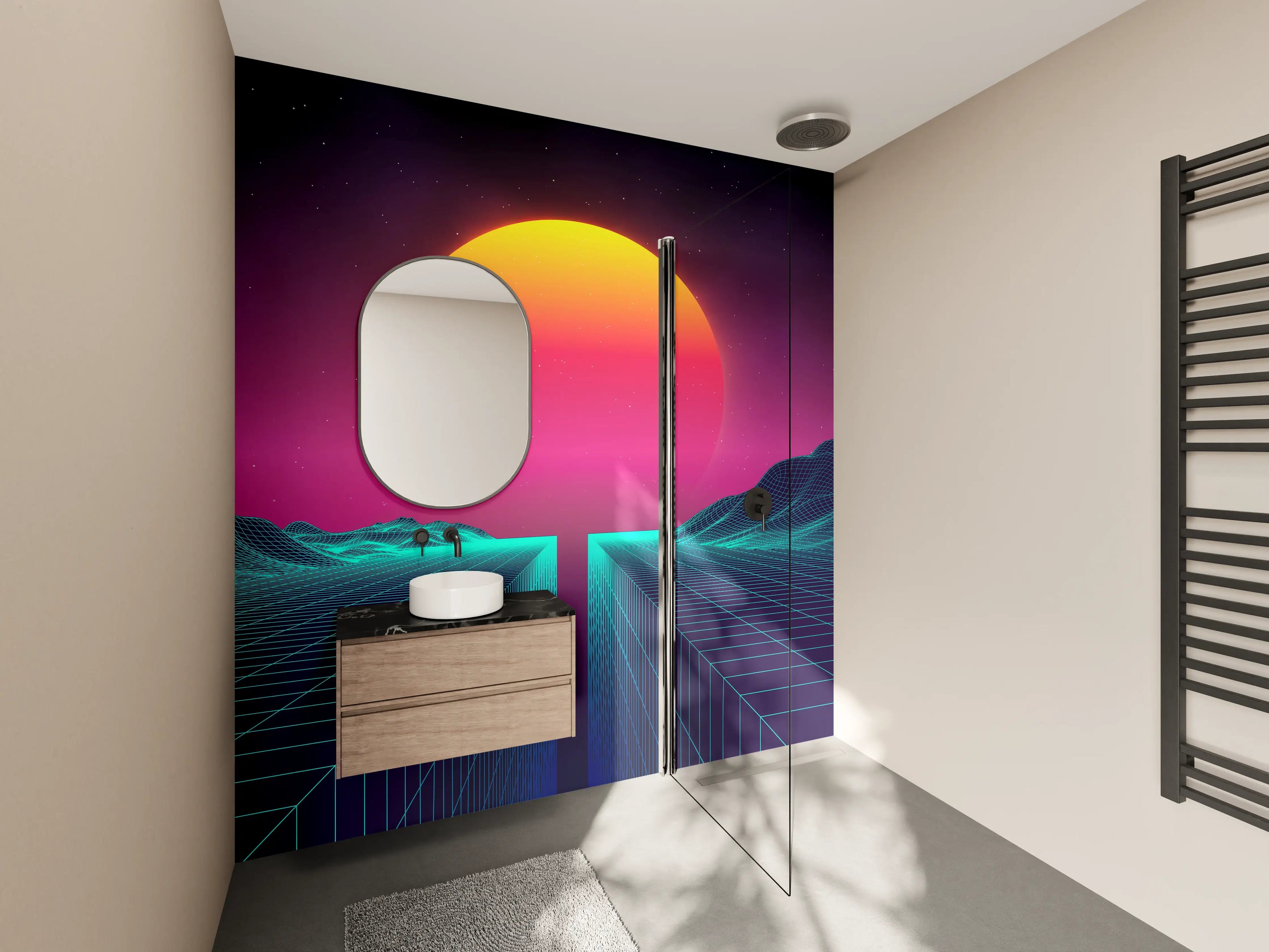 Wandverkleidung Bad - Retro Sci-Fi Cyber-Landschaft