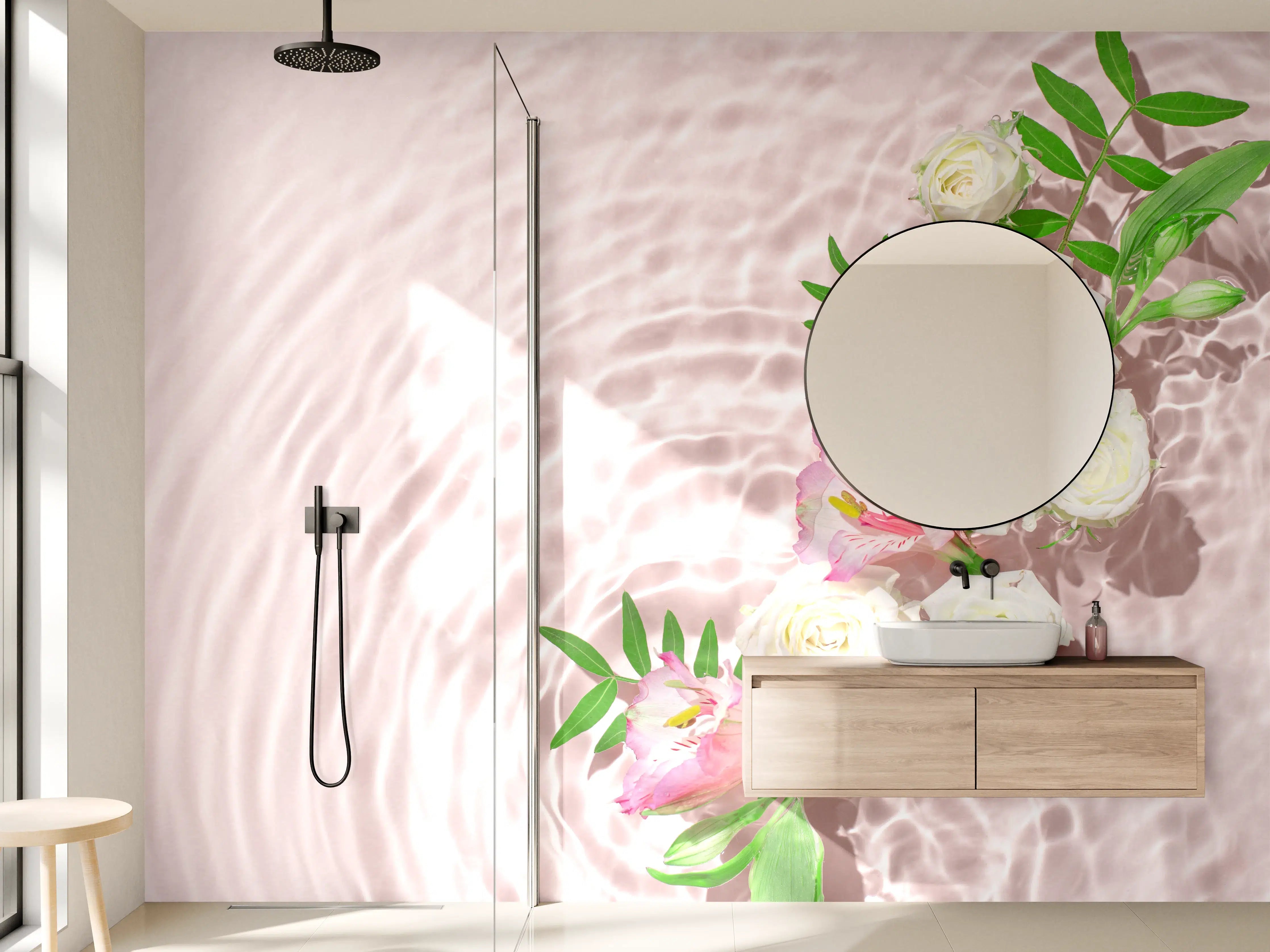 Wandverkleidung Bad - Rosa Blumen auf Wasser