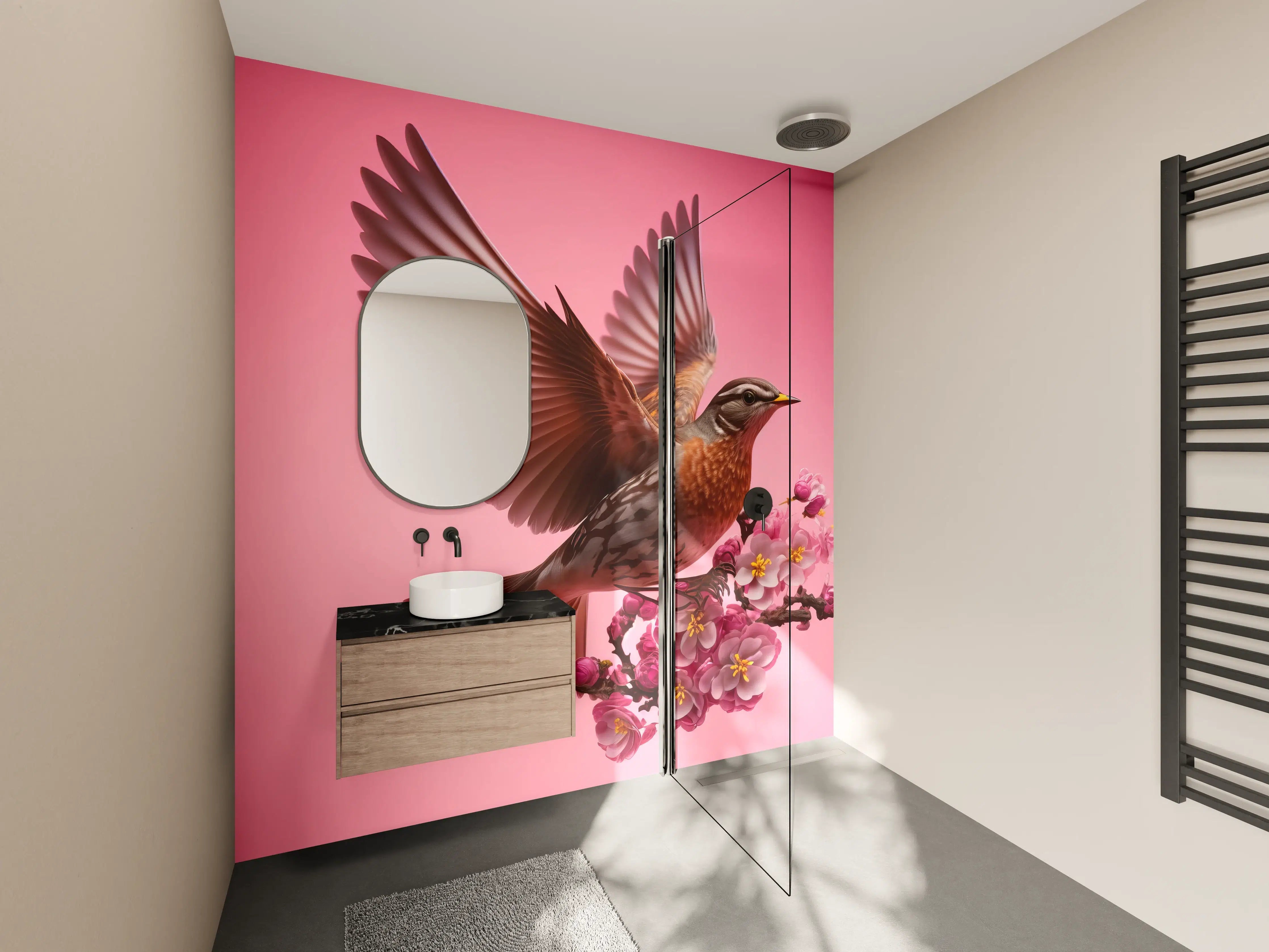 Wandverkleidung Bad - Rosa Kirschblüten Vogelflug