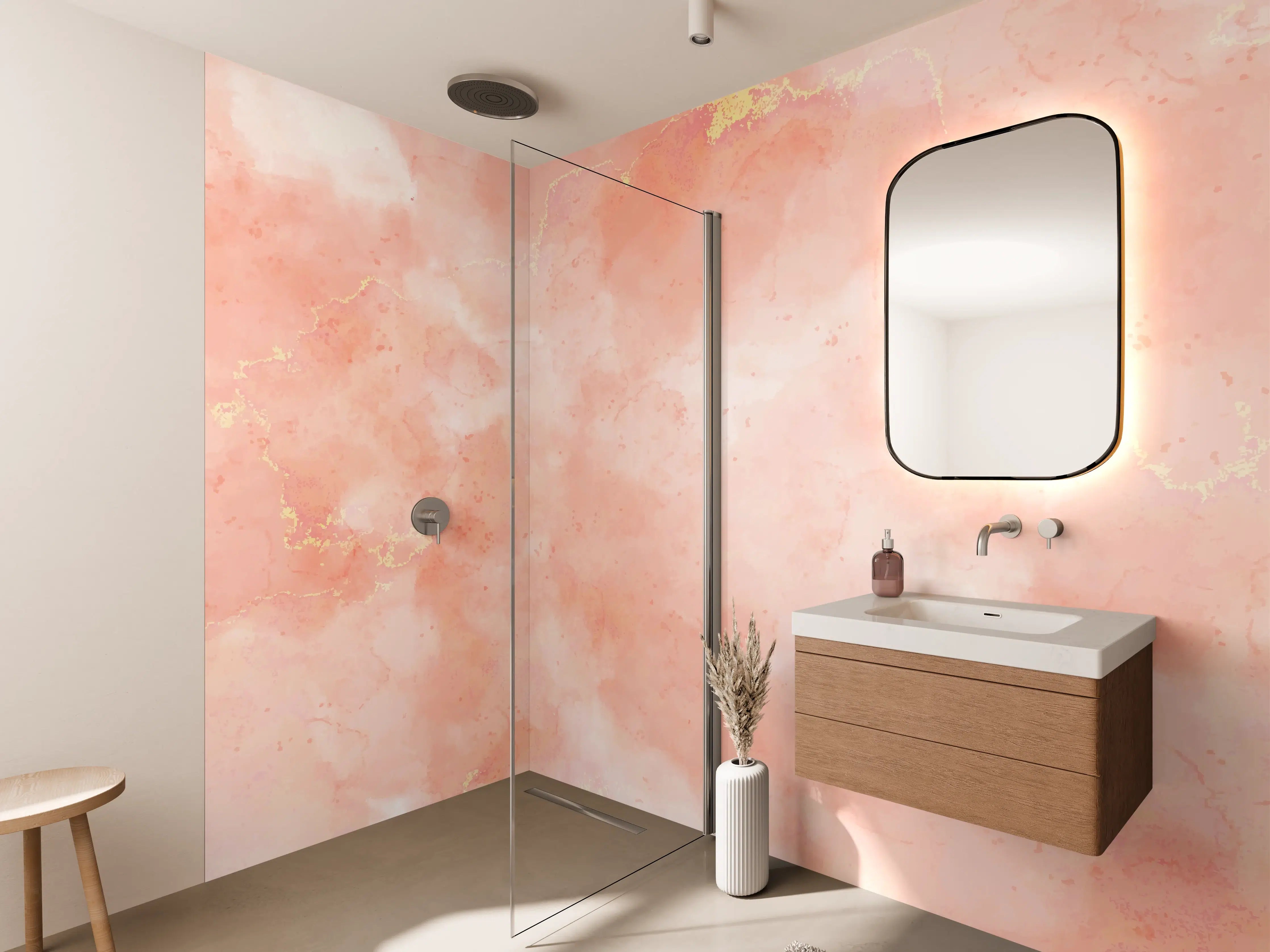 Wandverkleidung Bad - Rosa Marmor Textur mit Goldakzenten