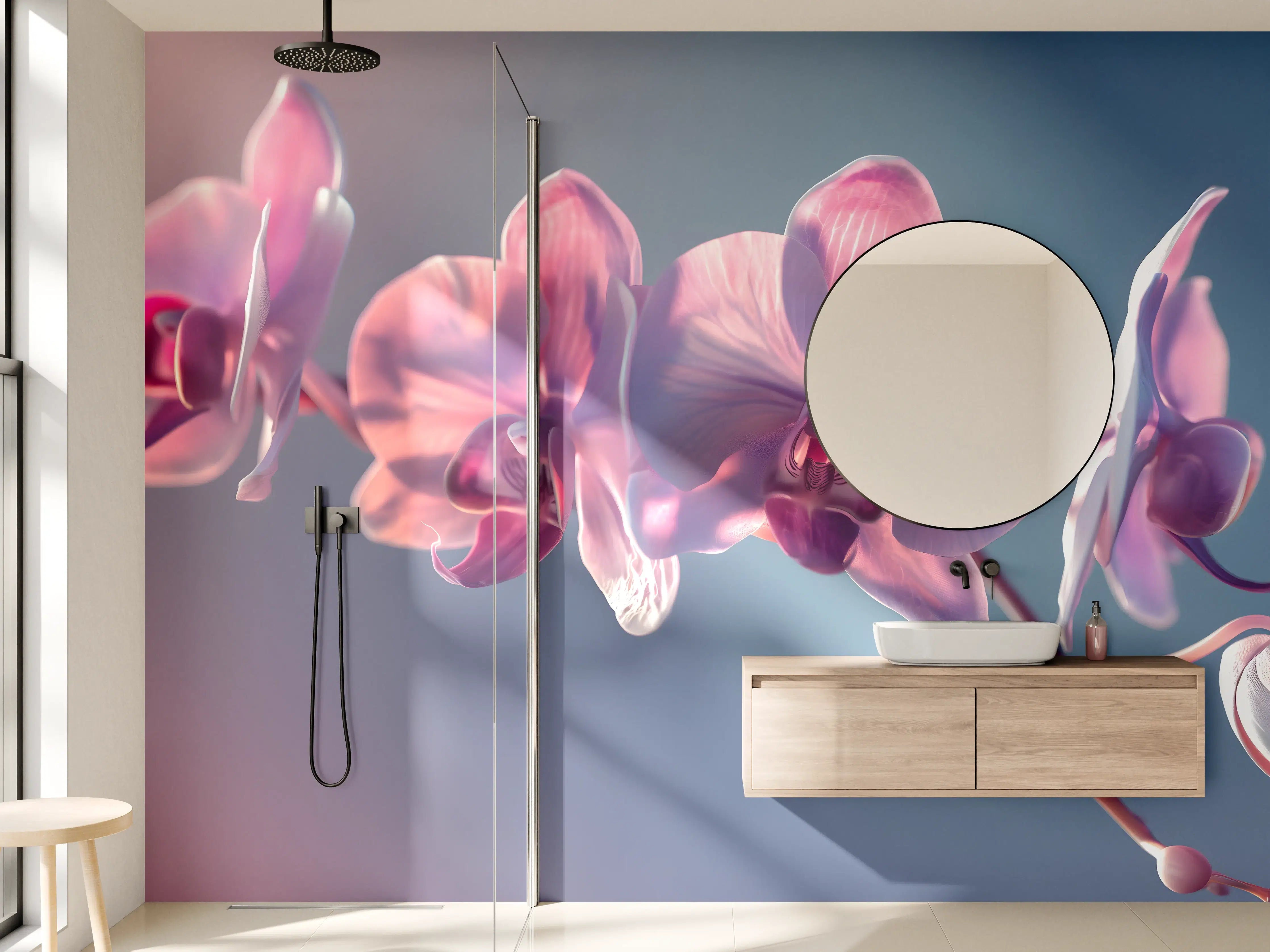 Wandverkleidung Bad - Rosa Orchideen auf Blau