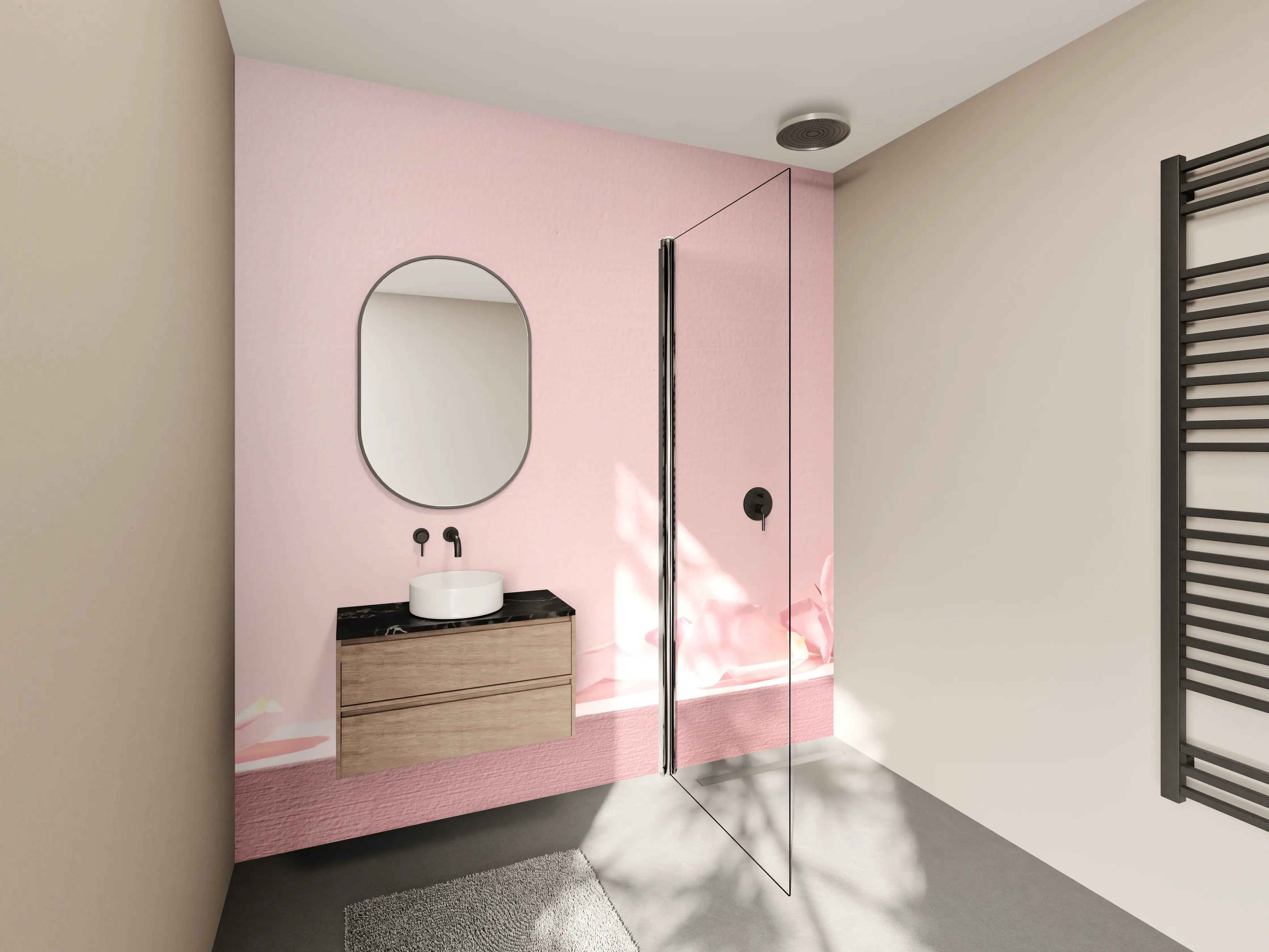 Wandverkleidung Bad - Rosa Rosen und Kerze auf einem rosa Hintergrund