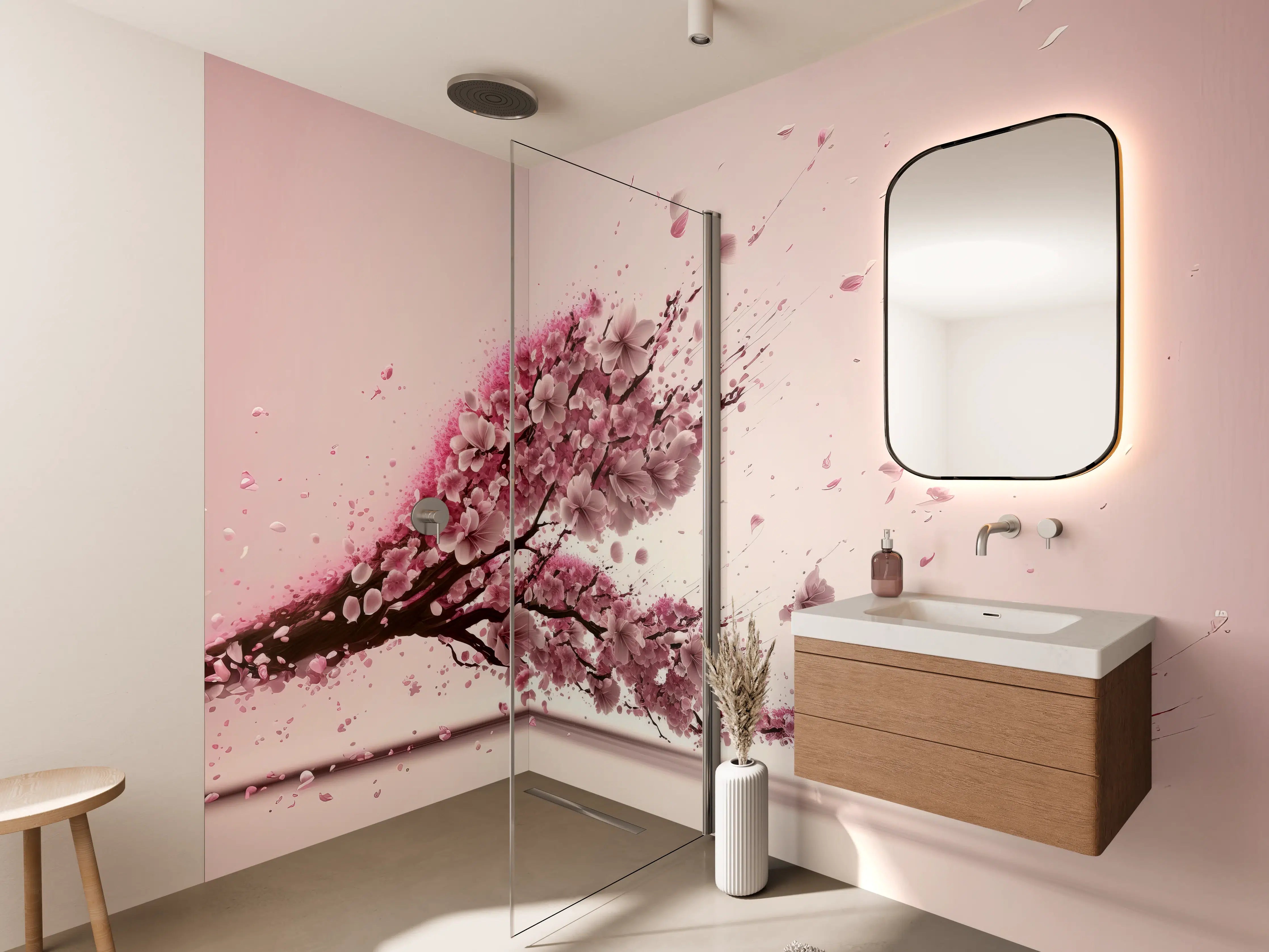 Wandverkleidung Bad - Rosa Sakura Kirschblütenzweig
