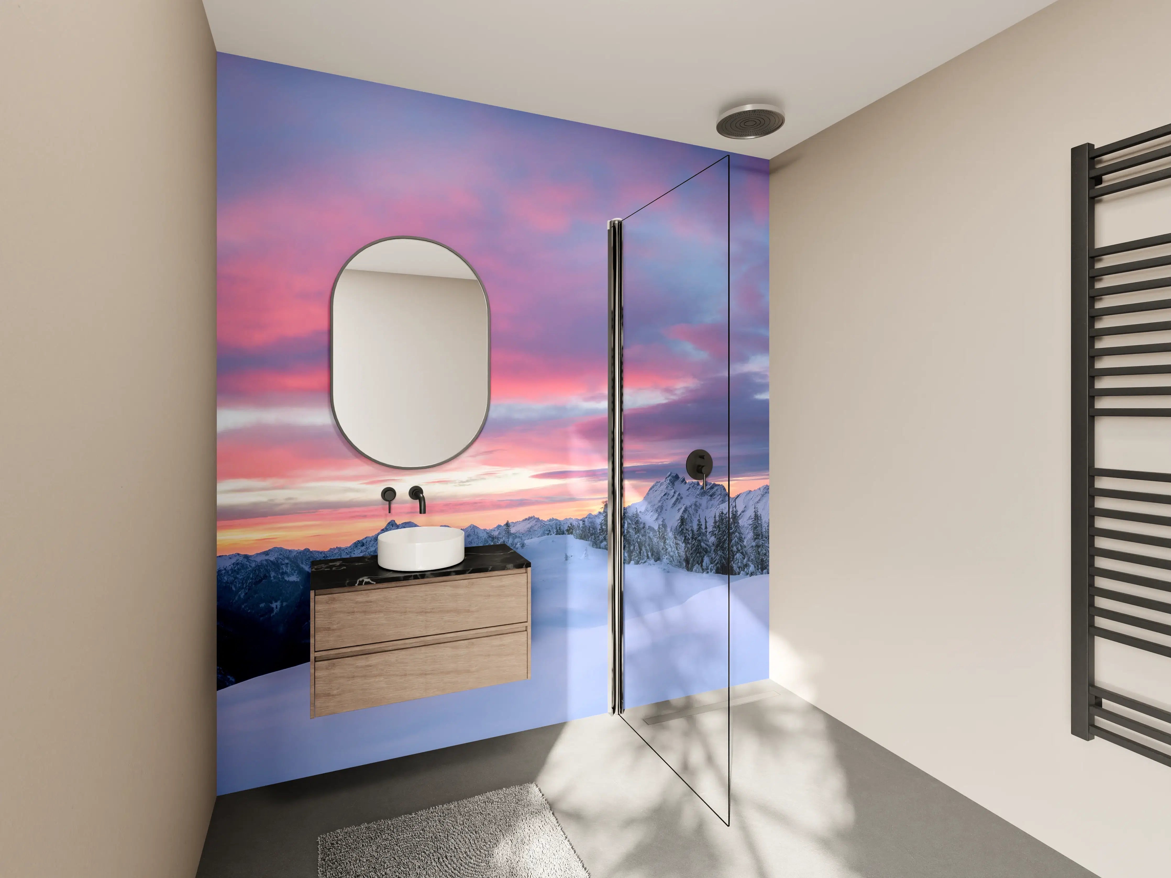 Wandverkleidung Bad - Rosa Sonnenuntergang Bergpanorama