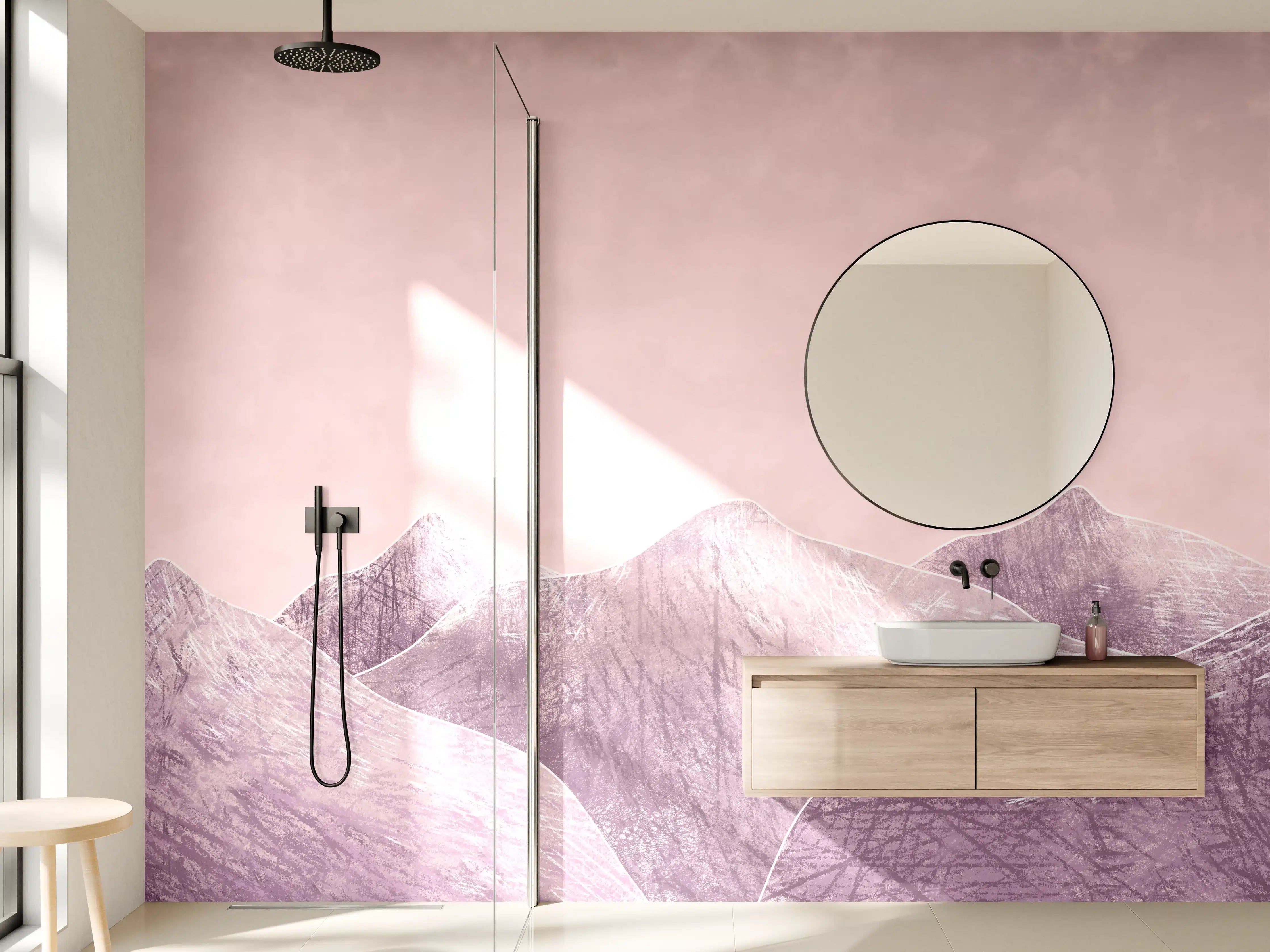 Wandverkleidung Bad - Rosa-lilane Berglandschaft - Kunstmalerei