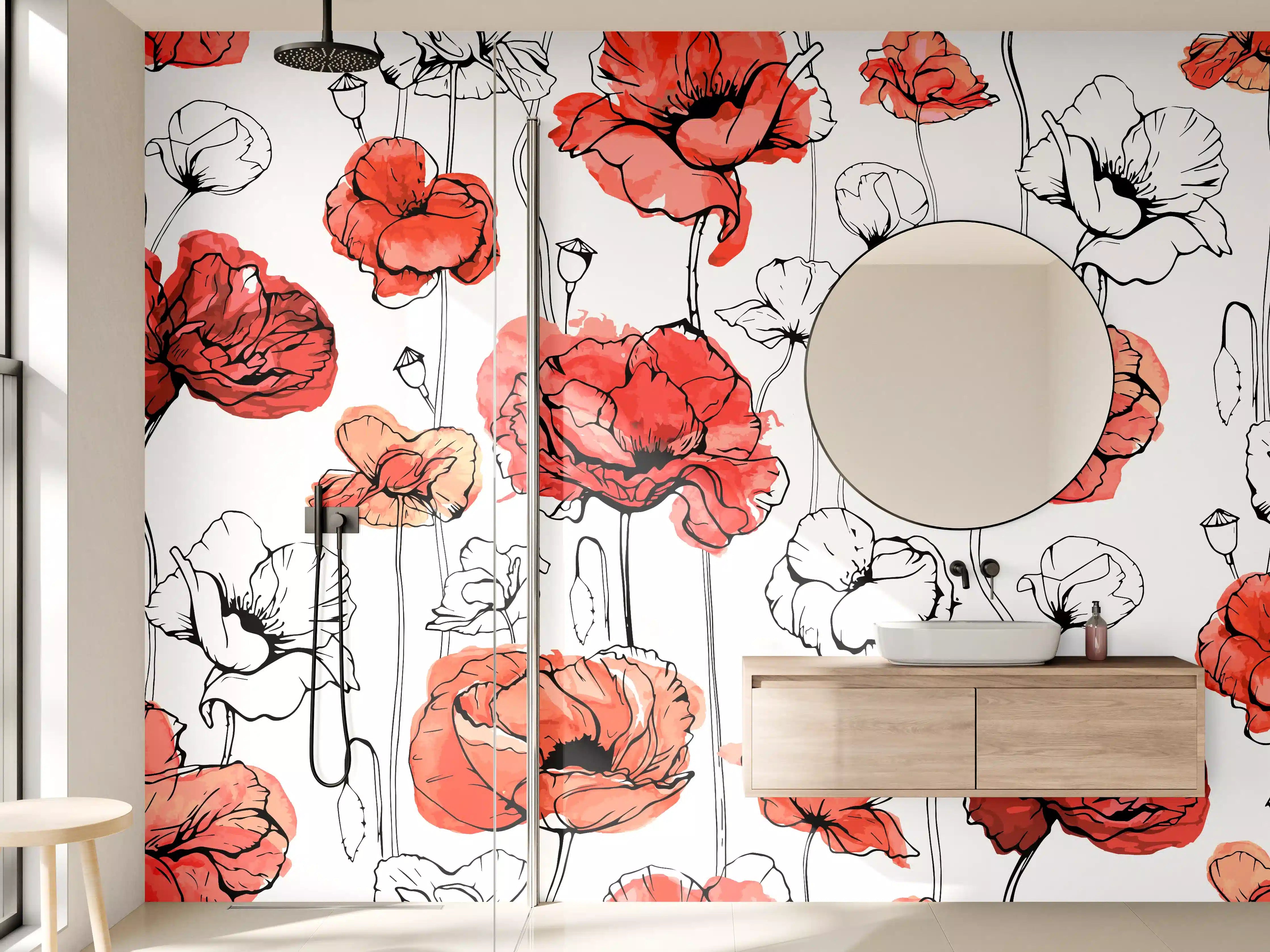 Wandverkleidung Bad - Rote Mohnblumen Lineart Muster