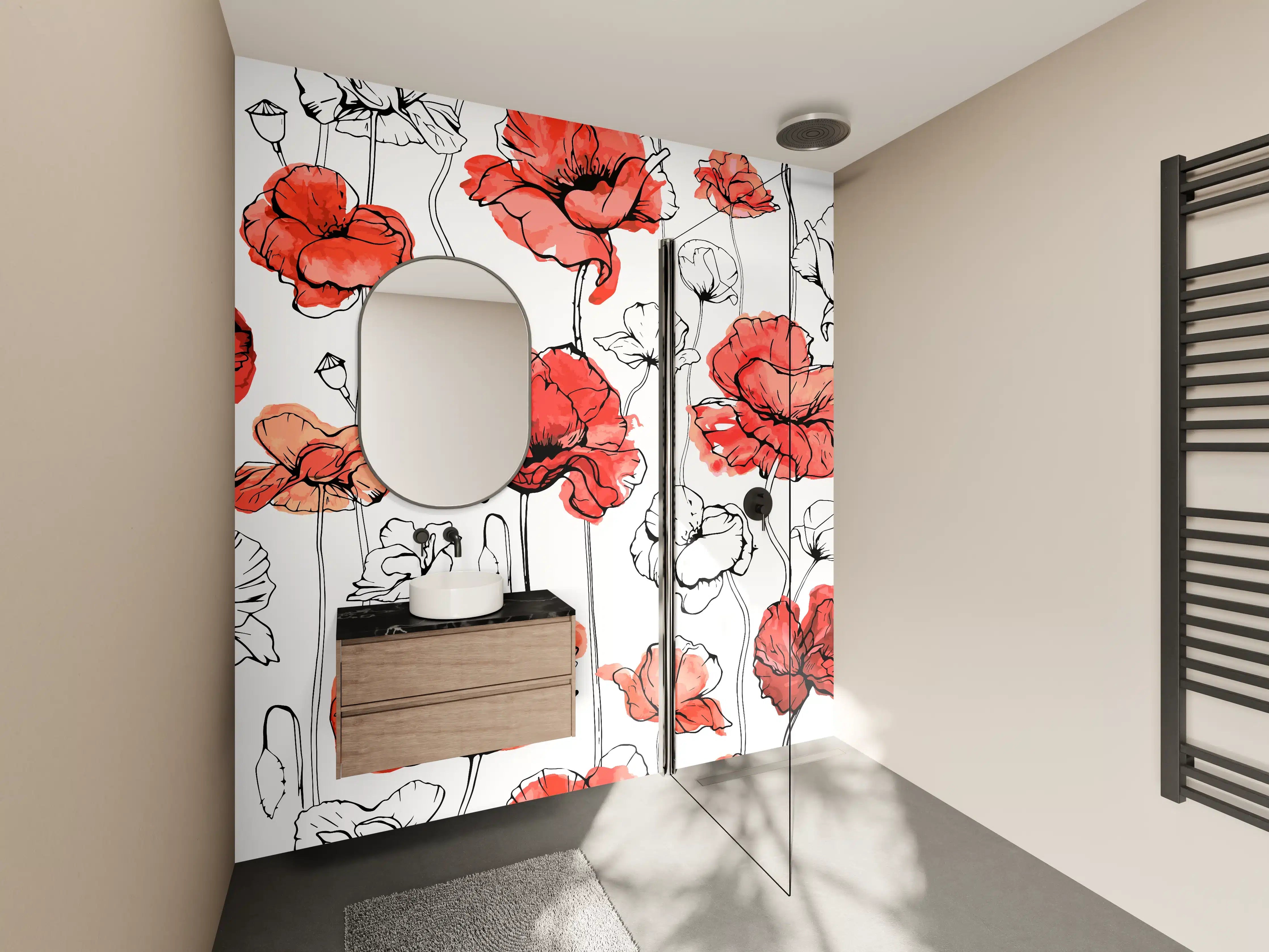 Wandverkleidung Bad - Rote Mohnblumen Lineart Muster