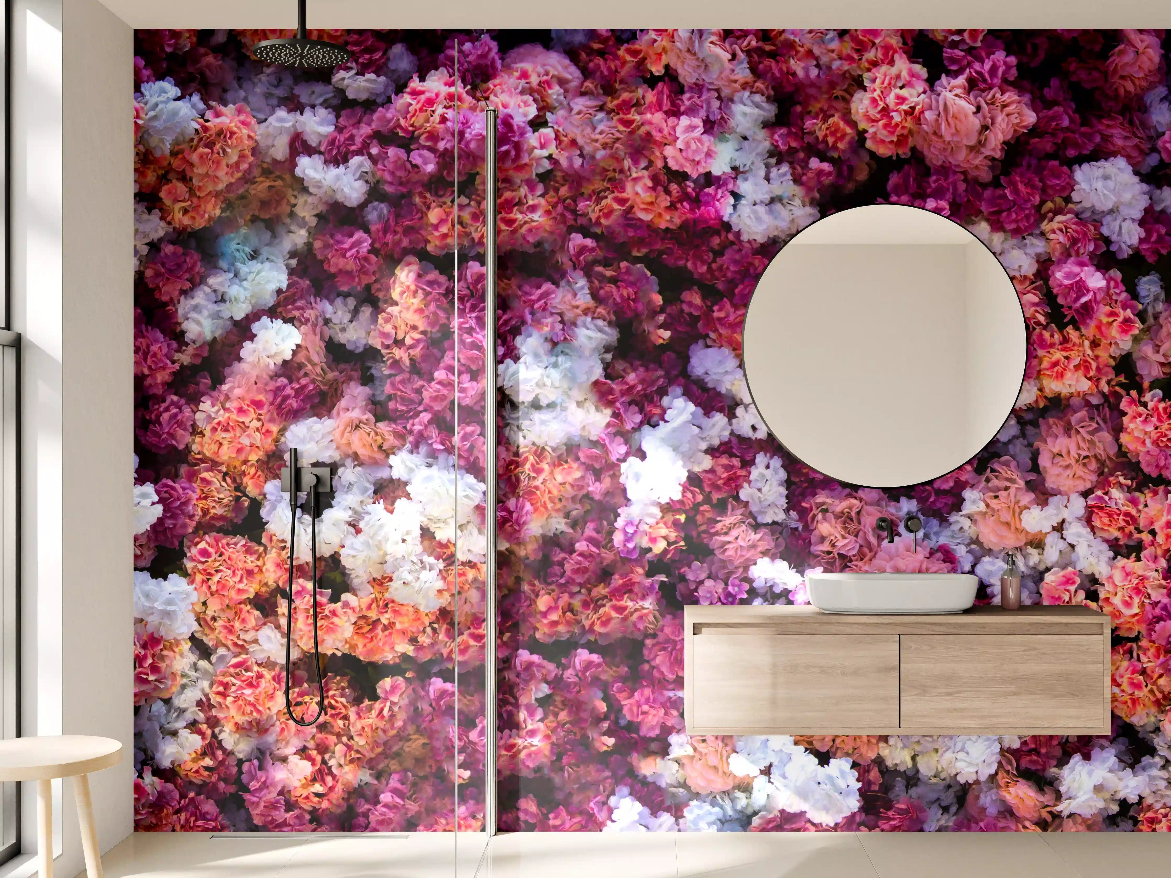 Wandverkleidung Bad - Rote-Weiße Blumenwand Natur