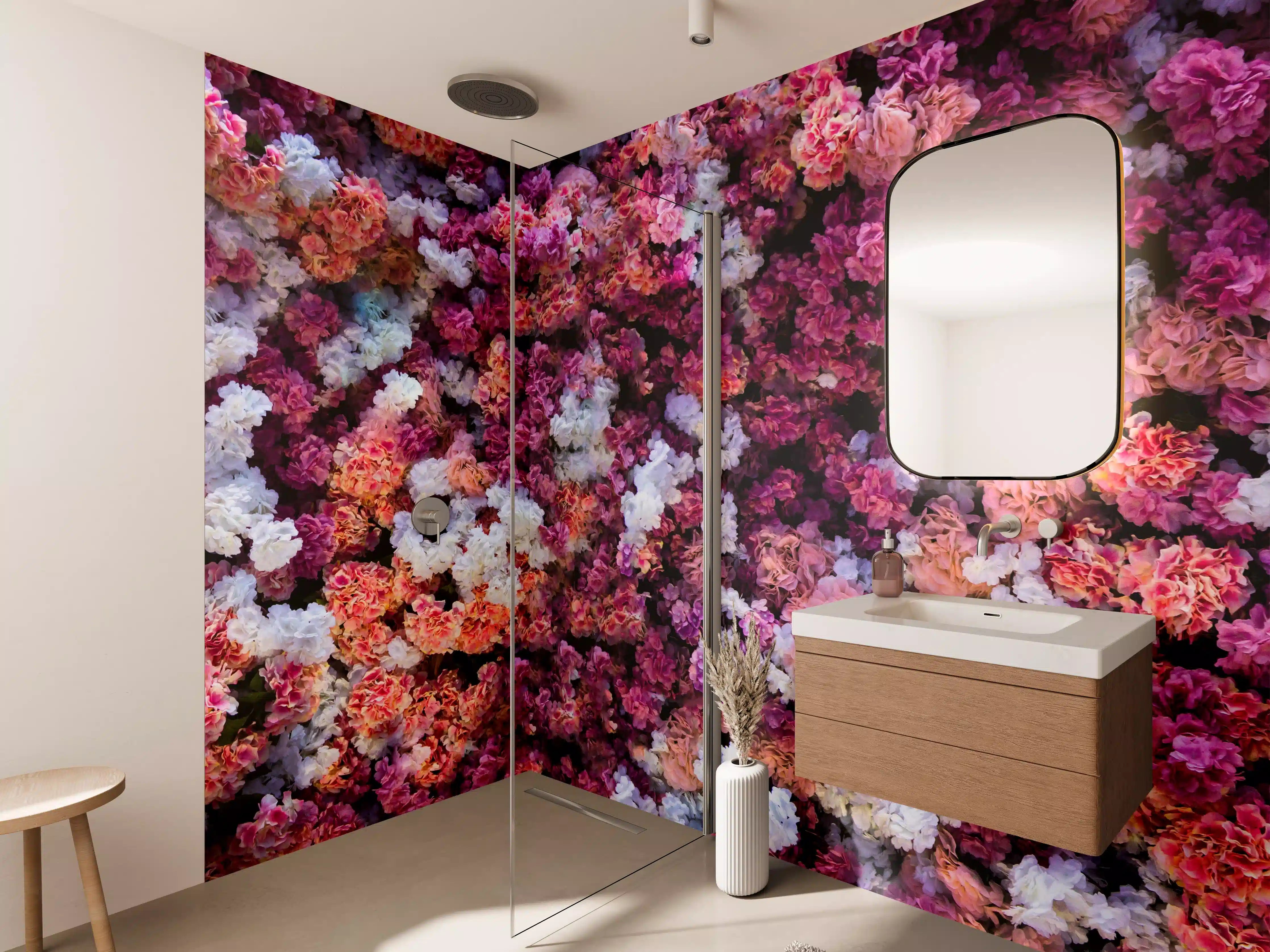 Wandverkleidung Bad - Rote-Weiße Blumenwand Natur