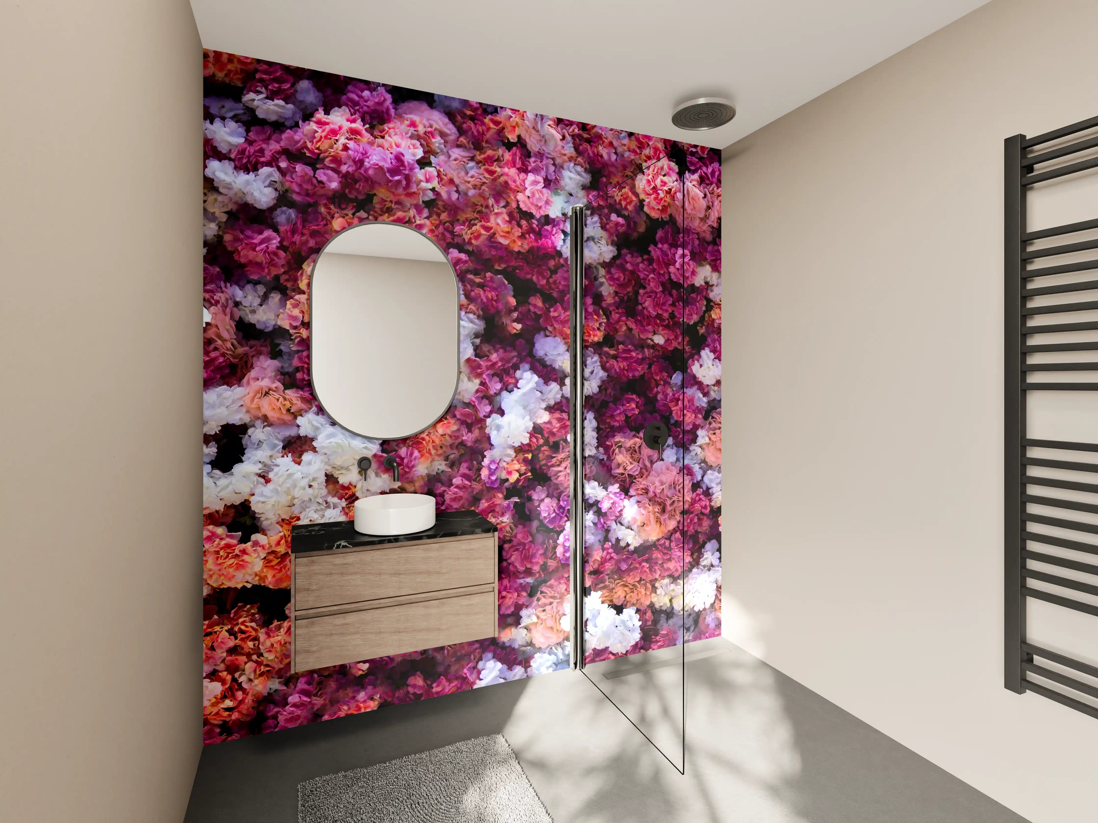 Wandverkleidung Bad - Rote-Weiße Blumenwand Natur