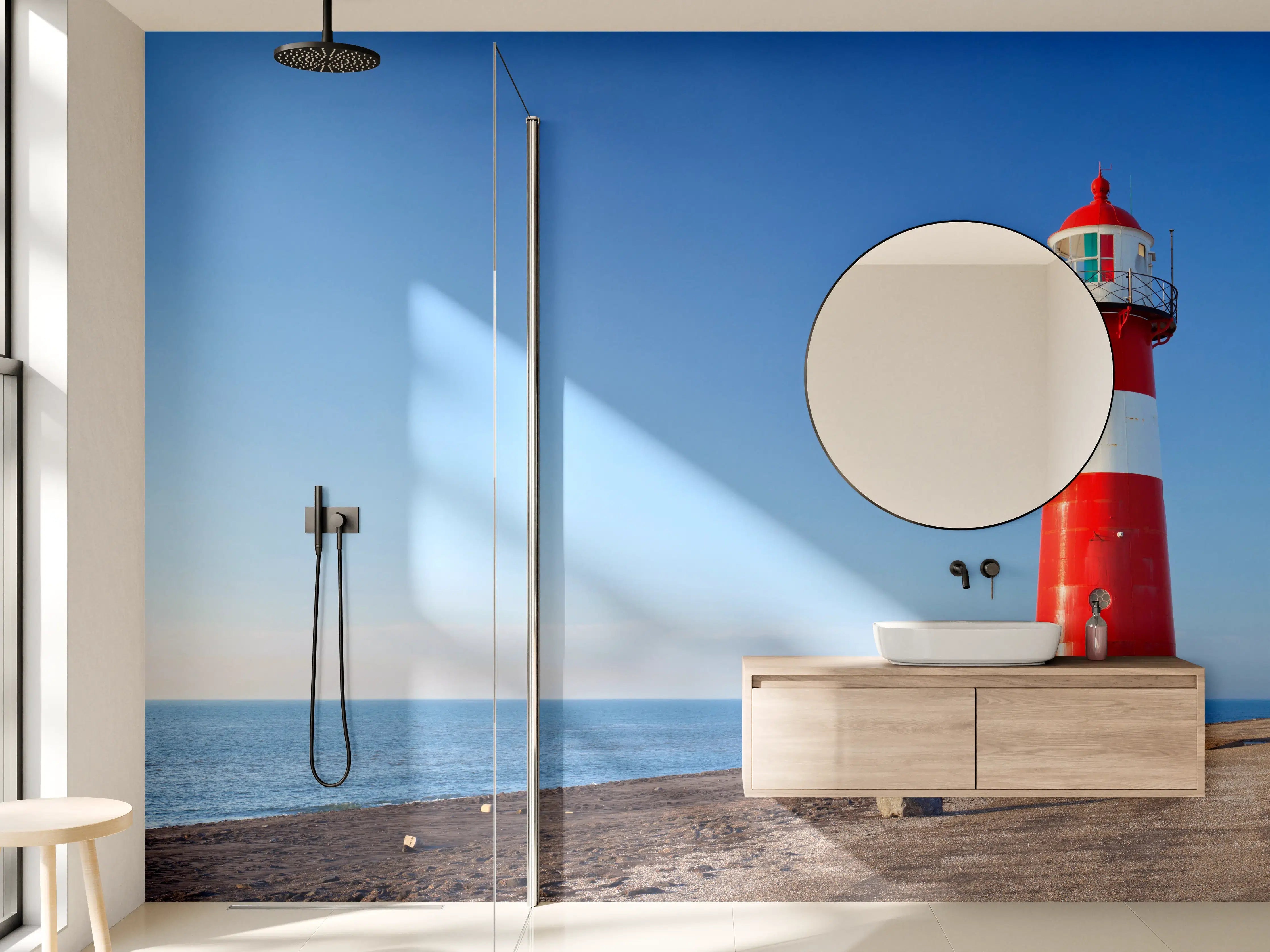 Wandverkleidung Bad - Roter Leuchtturm am Meer