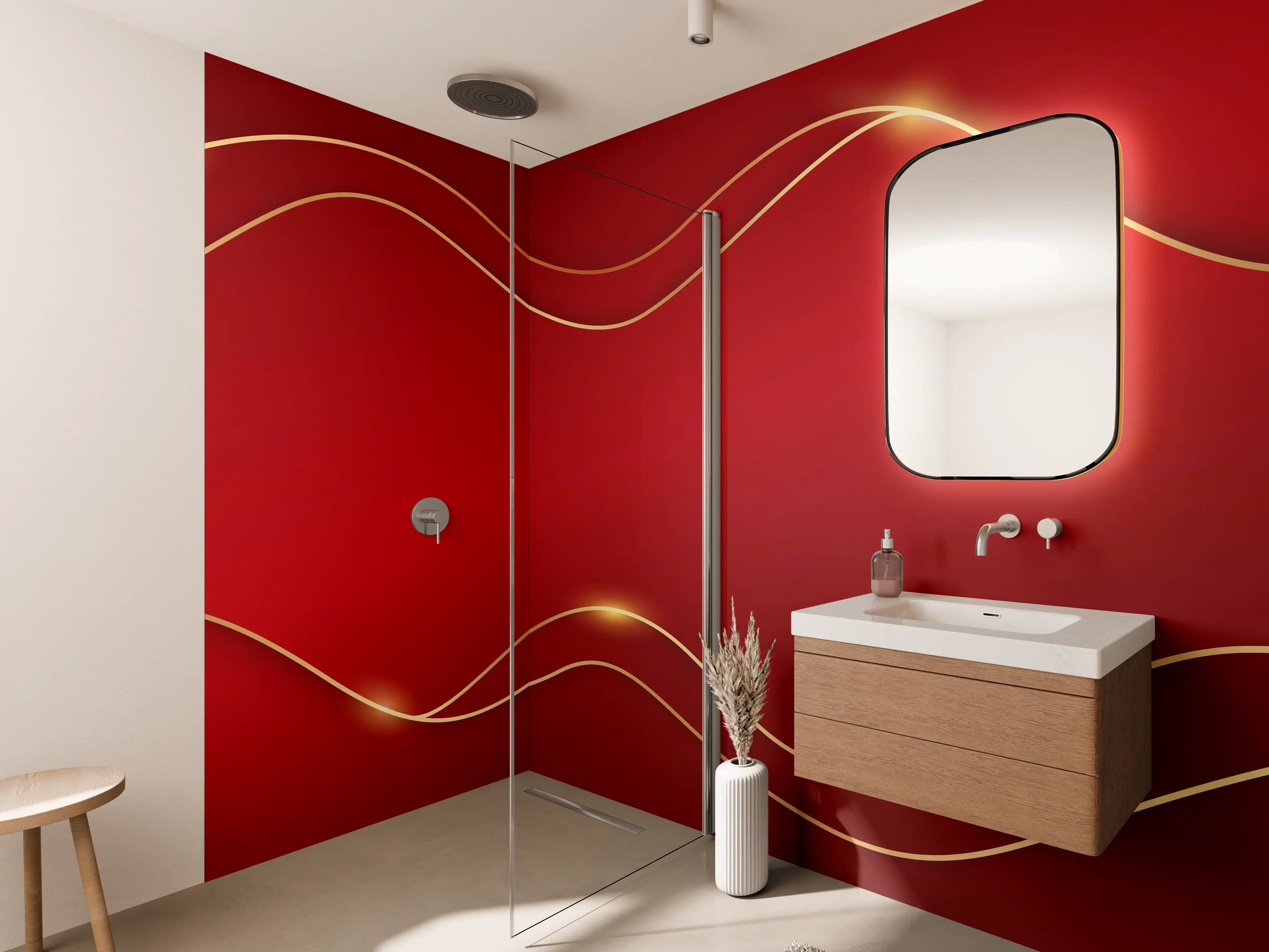 Wandverkleidung Bad - Rotes Luxus-Design mit Goldakzenten